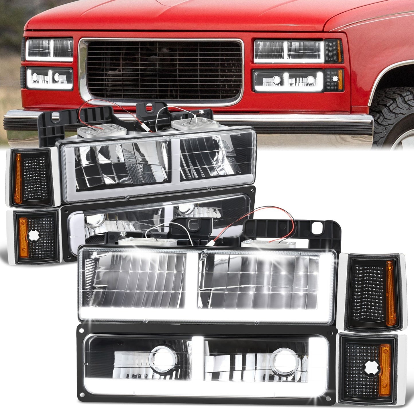 8pcs F-Style LED DRL Headlight Set (Black) <br>94-00 GMC C10 C/K Pickup, Suburban, Yukon