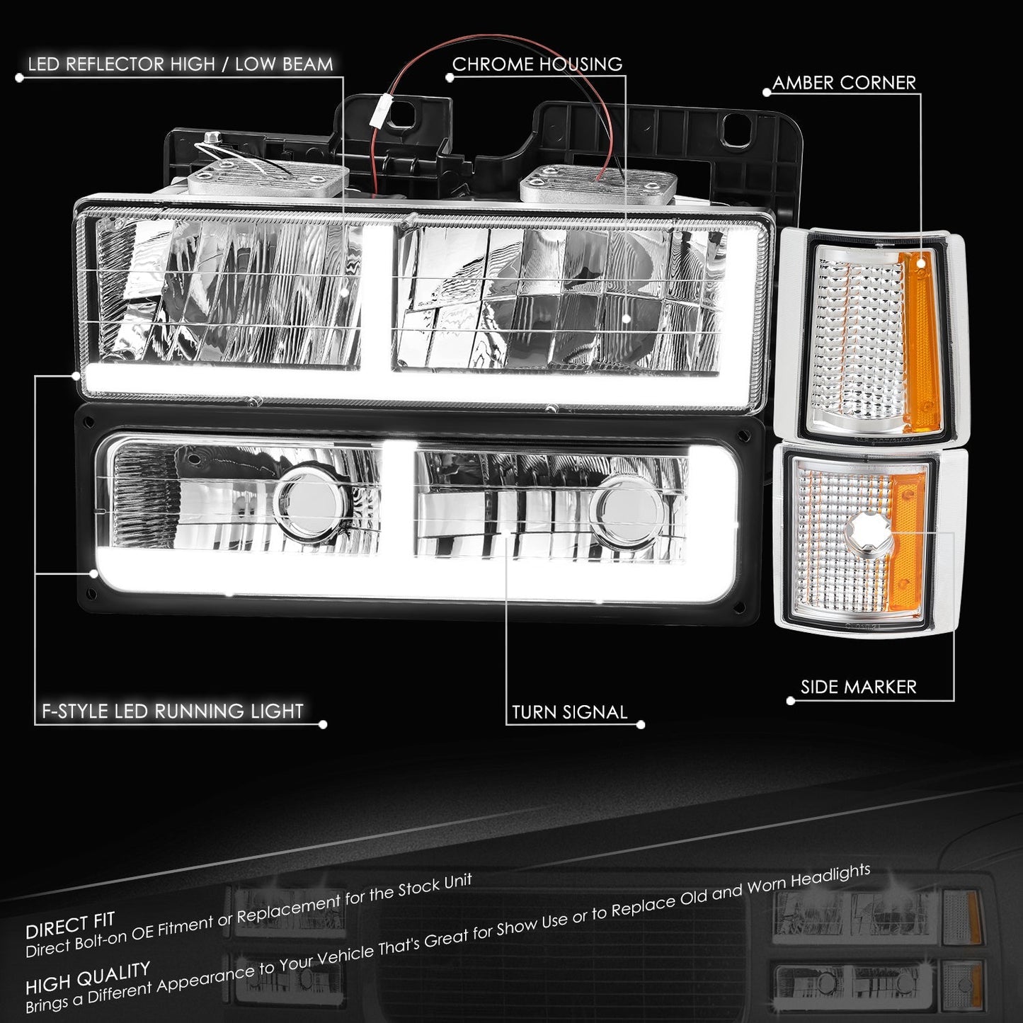 8pcs F-Style LED DRL Headlight Set (Smoked) <br>94-00 GMC C10 C/K Pickup, Suburban, Yukon