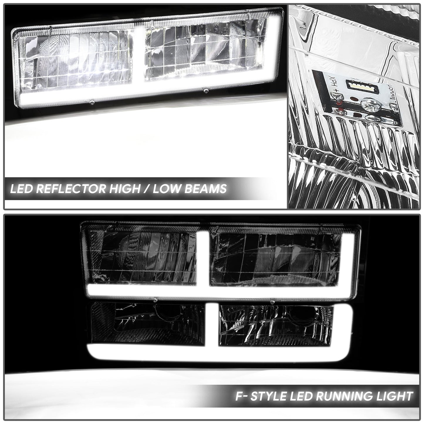 8pcs F-Style LED DRL Headlight Set (Smoked) <br>94-00 GMC C10 C/K Pickup, Suburban, Yukon