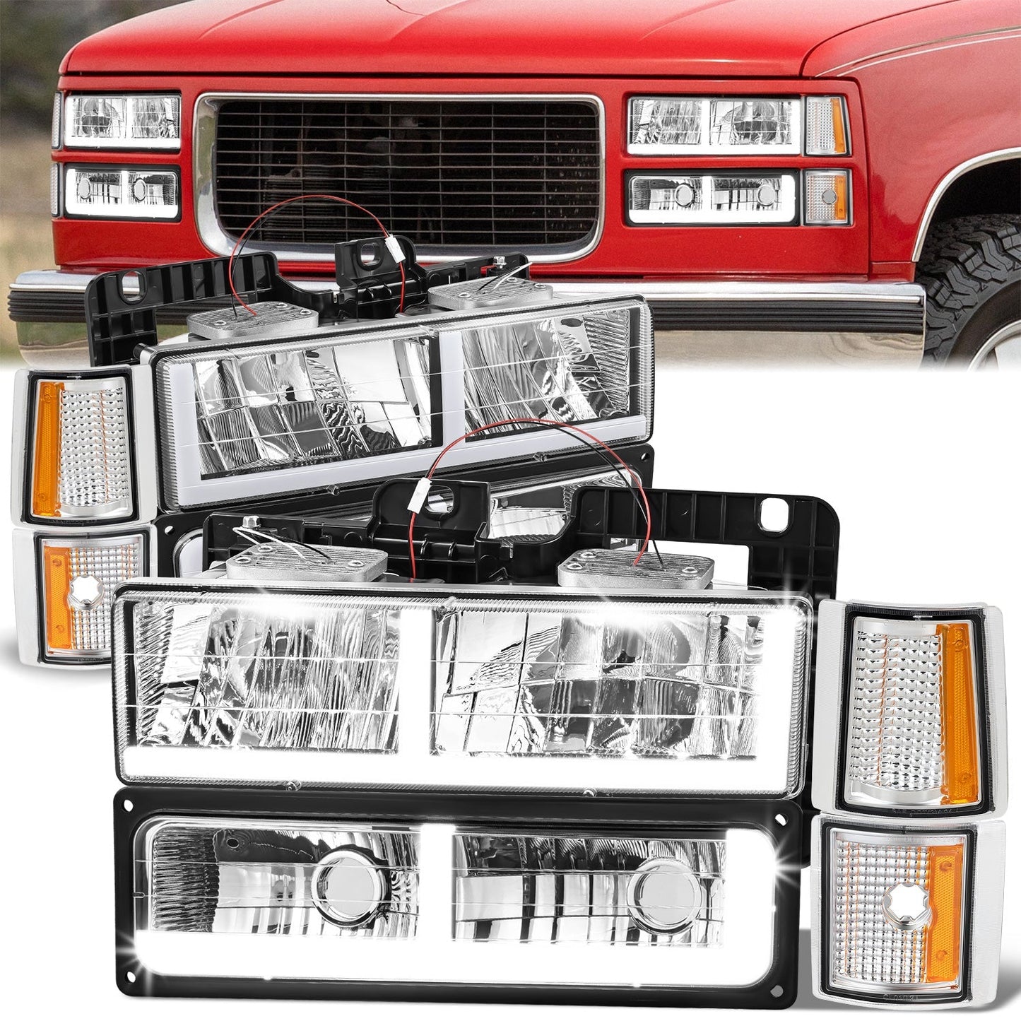 8pcs F-Style LED DRL Headlight Set (Smoked) <br>94-00 GMC C10 C/K Pickup, Suburban, Yukon