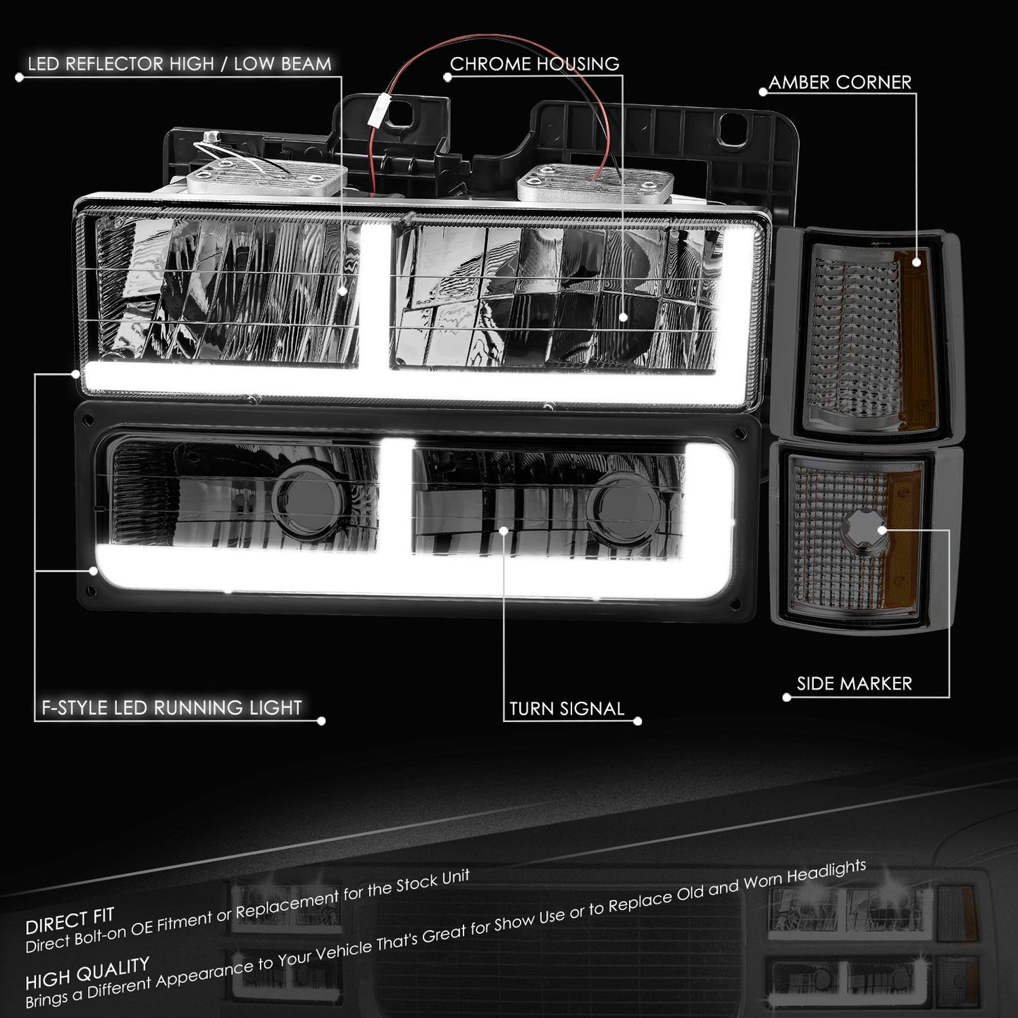 8pcs F-Style LED DRL Headlight Set (Chrome) <br>94-00 GMC C10 C/K Pickup, Suburban, Yukon