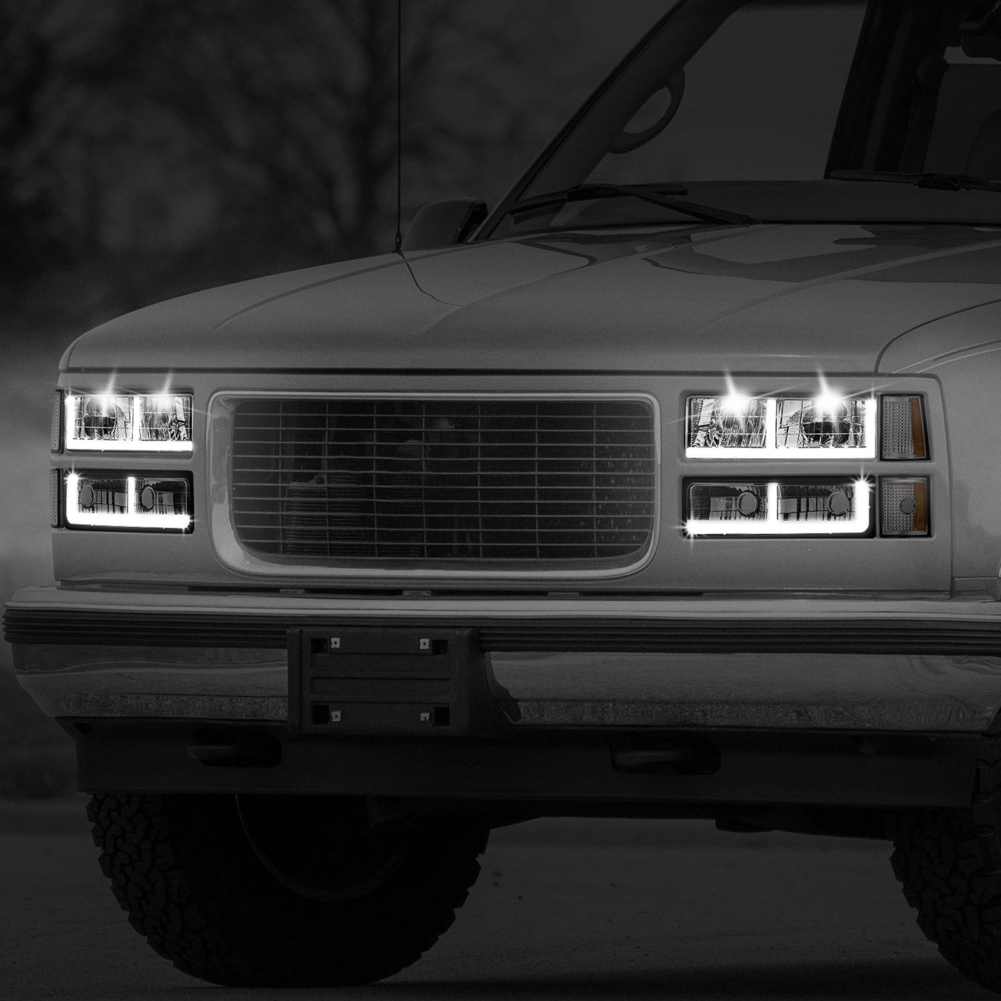 8pcs F-Style LED DRL Headlight Set (Chrome) <br>94-00 GMC C10 C/K Pickup, Suburban, Yukon