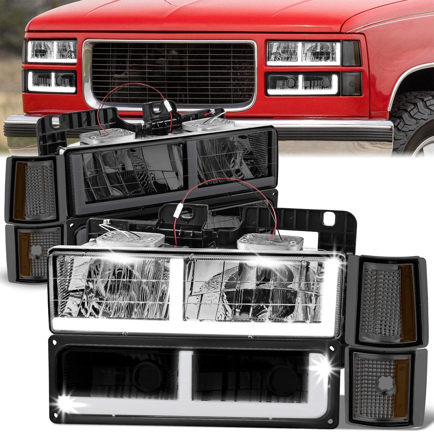 8pcs F-Style LED DRL Headlight Set (Chrome) <br>94-00 GMC C10 C/K Pickup, Suburban, Yukon