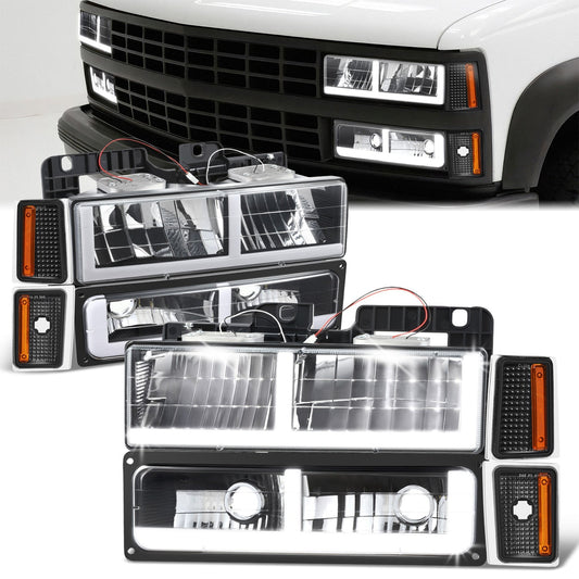 8pcs F-Style LED DRL Headlight Set (Black) <br>88-93 Chevy C10 C/K Pickup, Suburban, Tahoe