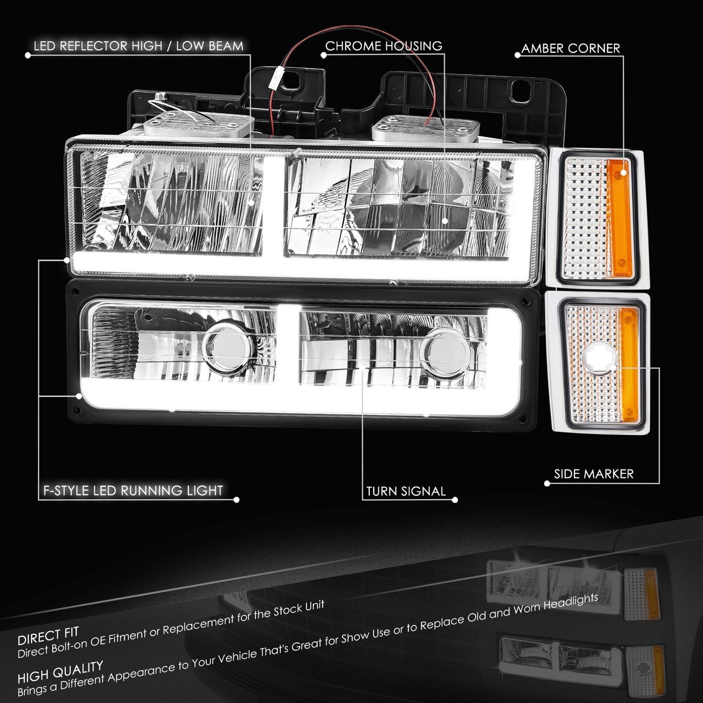 8pcs F-Style LED DRL Headlight Set (Chrome) <br>88-93 Chevy C10 C/K Pickup, Suburban, Tahoe