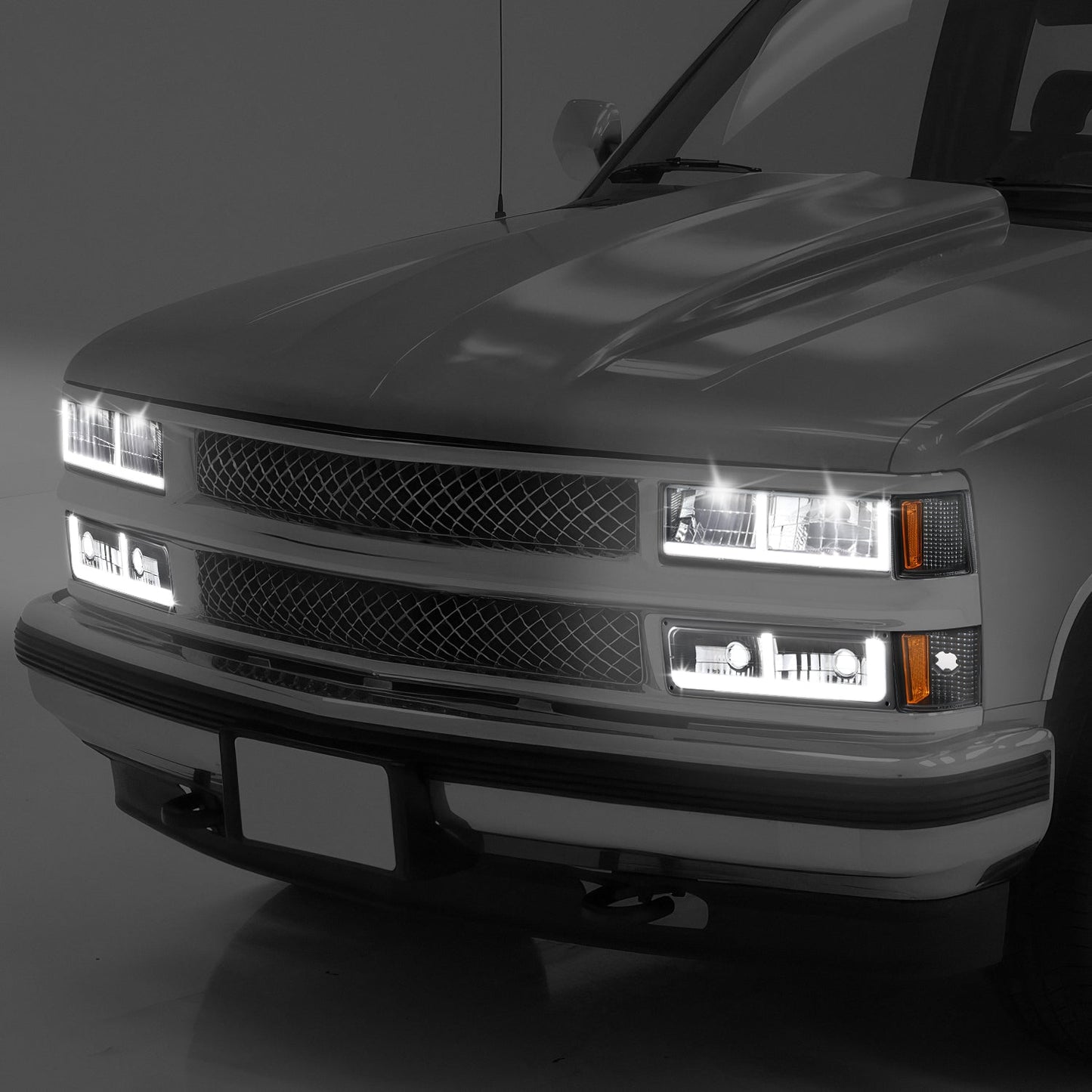 8pcs F-Style LED DRL Headlight Set (Black) <br>94-02 Chevy C10 C/K Pickup, Suburban, Tahoe