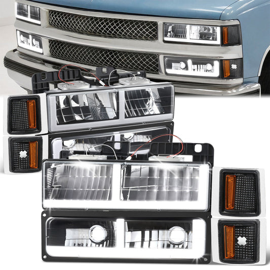 8pcs F-Style LED DRL Headlight Set (Black) <br>94-02 Chevy C10 C/K Pickup, Suburban, Tahoe