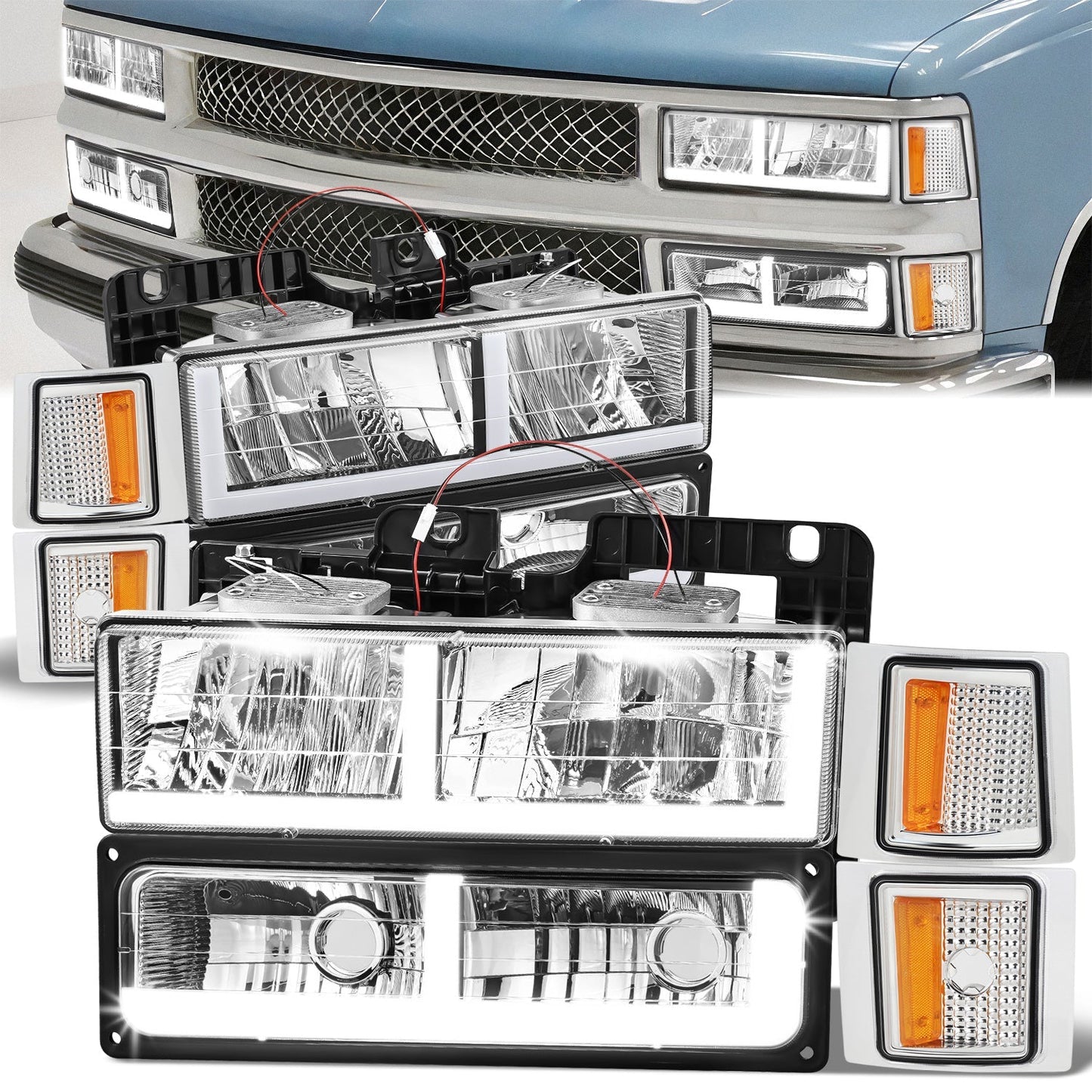 8pcs F-Style LED DRL Headlight Set (Chrome) <br>94-02 Chevy C10 C/K Pickup, Suburban, Tahoe