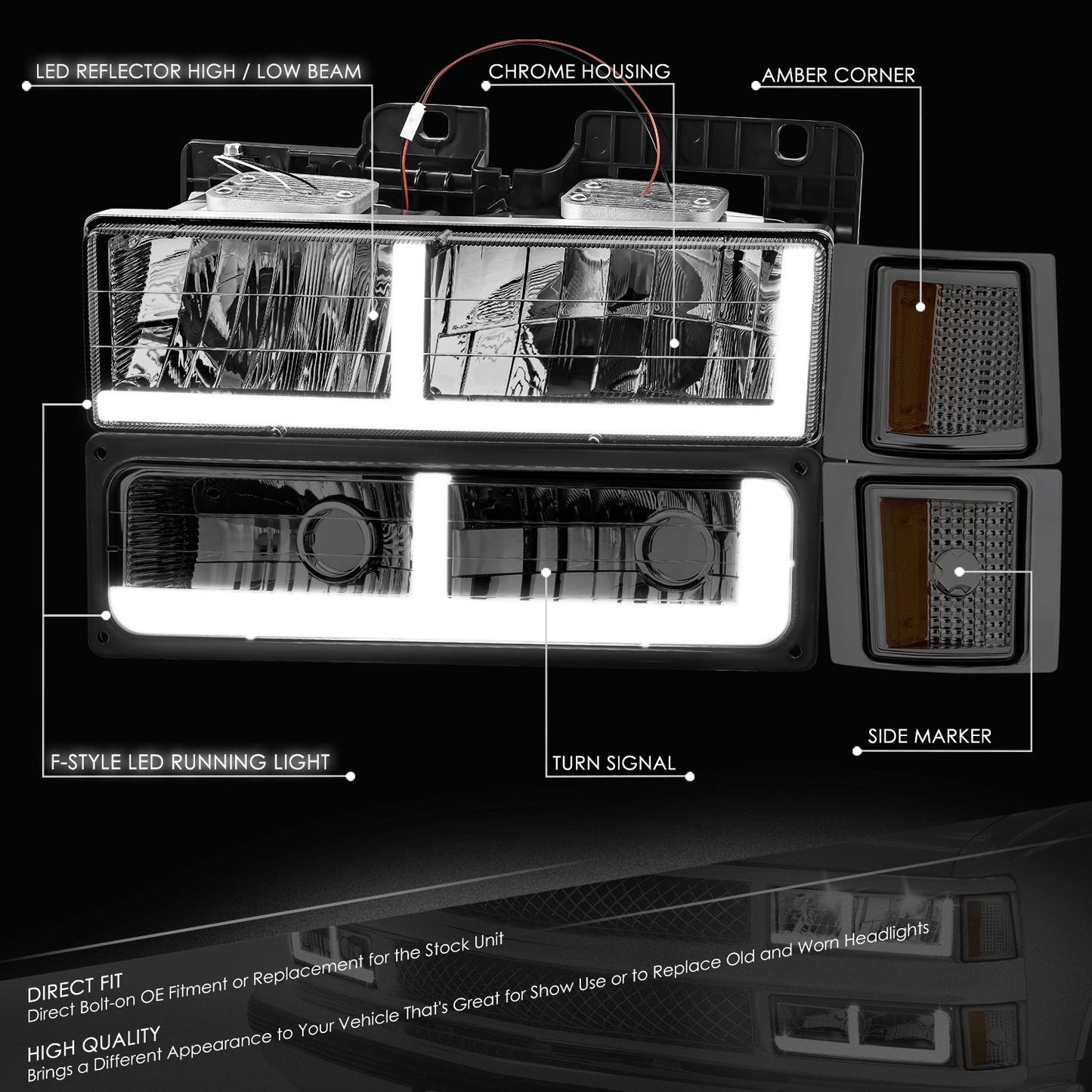 8pcs F-Style LED DRL Headlight Set (Smoked) <br>94-02 Chevy C10 C/K Pickup, Suburban, Tahoe