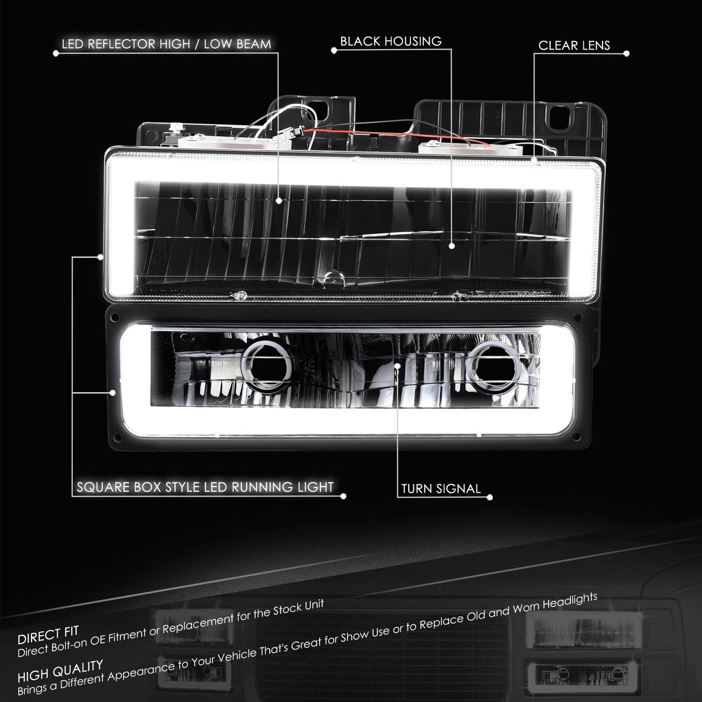 4pcs Square Box LED DRL Headlight Set (Black) <br>88-02 Chevy GMC C10 C/K Pickup, Suburban