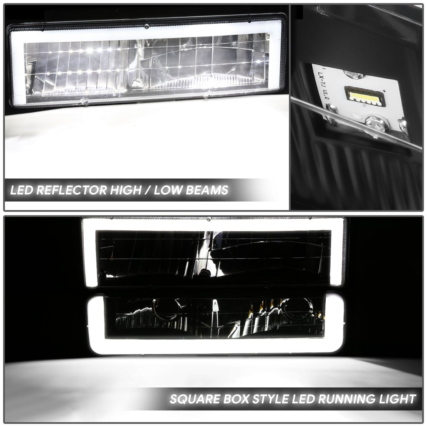 4pcs Square Box LED DRL Headlight Set (Black) <br>88-02 Chevy GMC C10 C/K Pickup, Suburban