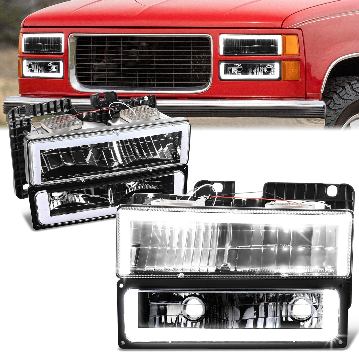 4pcs Square Box LED DRL Headlight Set (Black) <br>88-02 Chevy GMC C10 C/K Pickup, Suburban