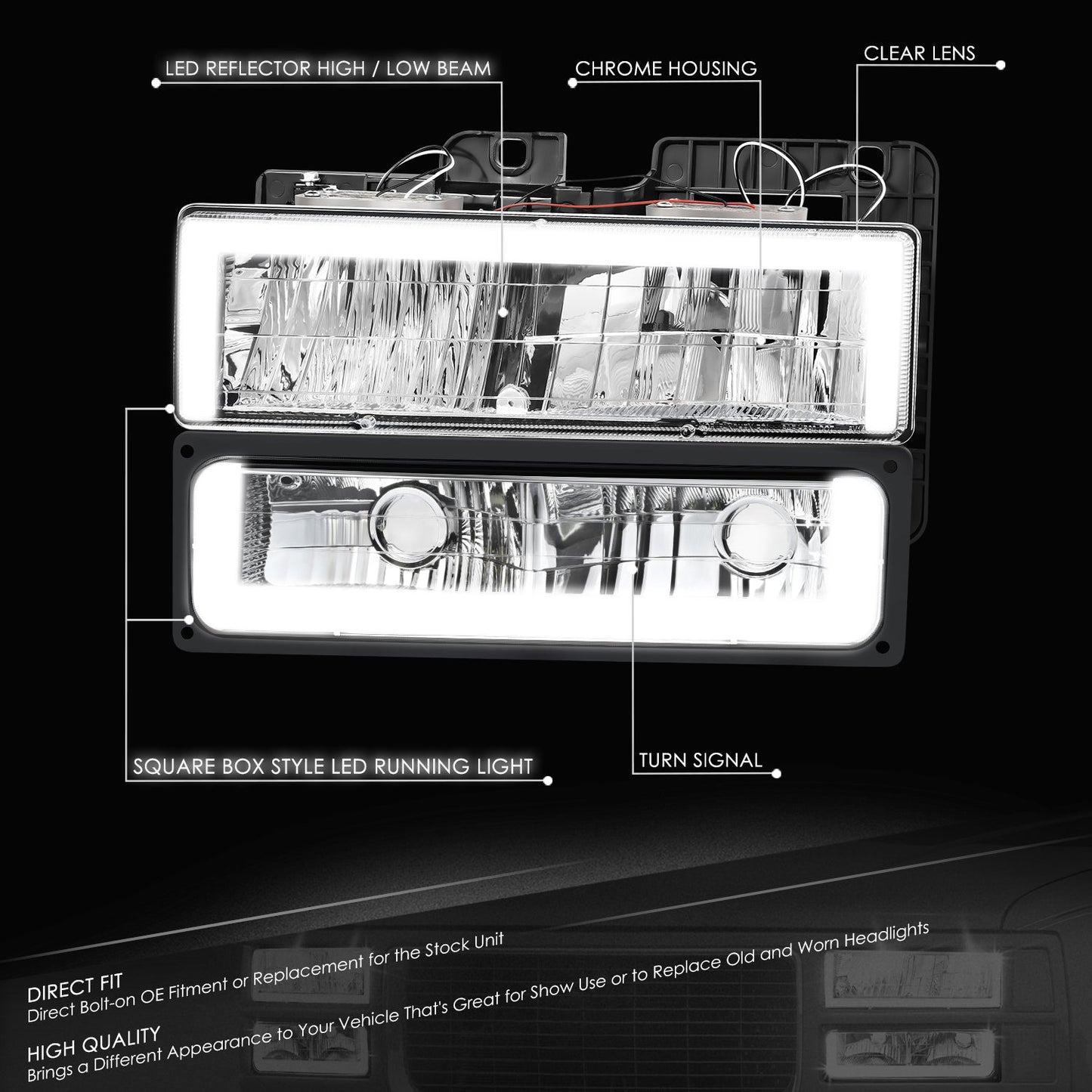 4pcs Square Box LED DRL Headlight Set (Chrome) <br>88-02 Chevy GMC C10 C/K Pickup, Suburban