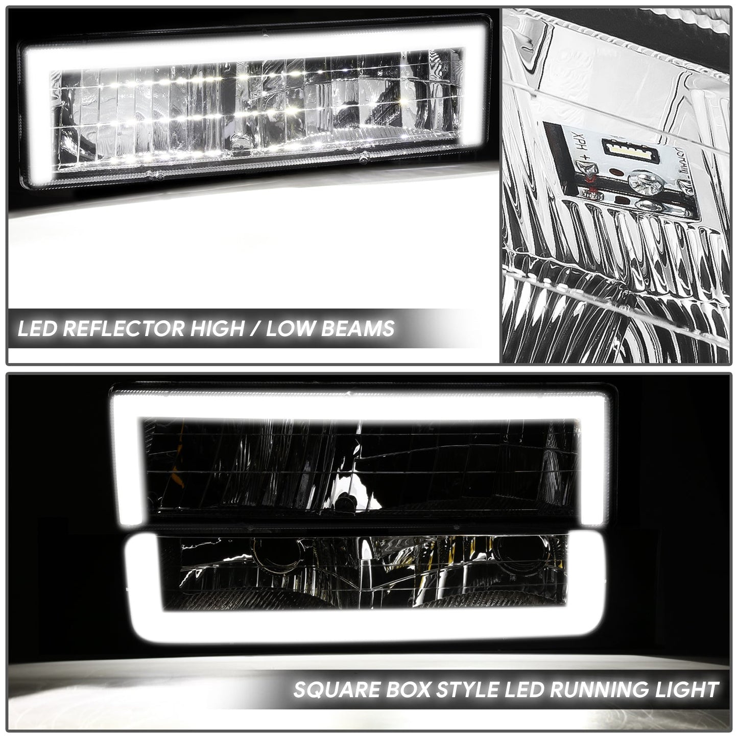 4pcs Square Box LED DRL Headlight Set (Chrome) <br>88-02 Chevy GMC C10 C/K Pickup, Suburban