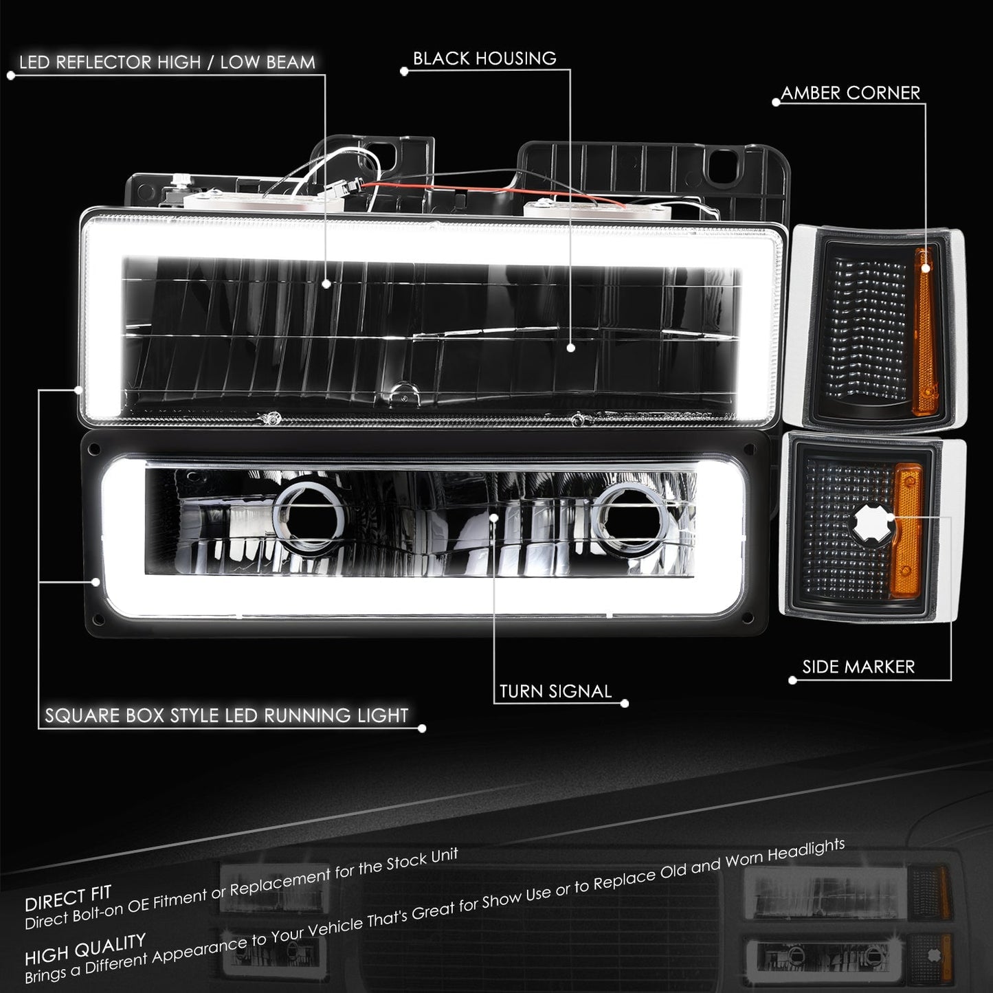 8pcs Square Box LED DRL Headlight Set (Black) <br>94-00 GMC C10 C/K Pickup, Suburban, Yukon