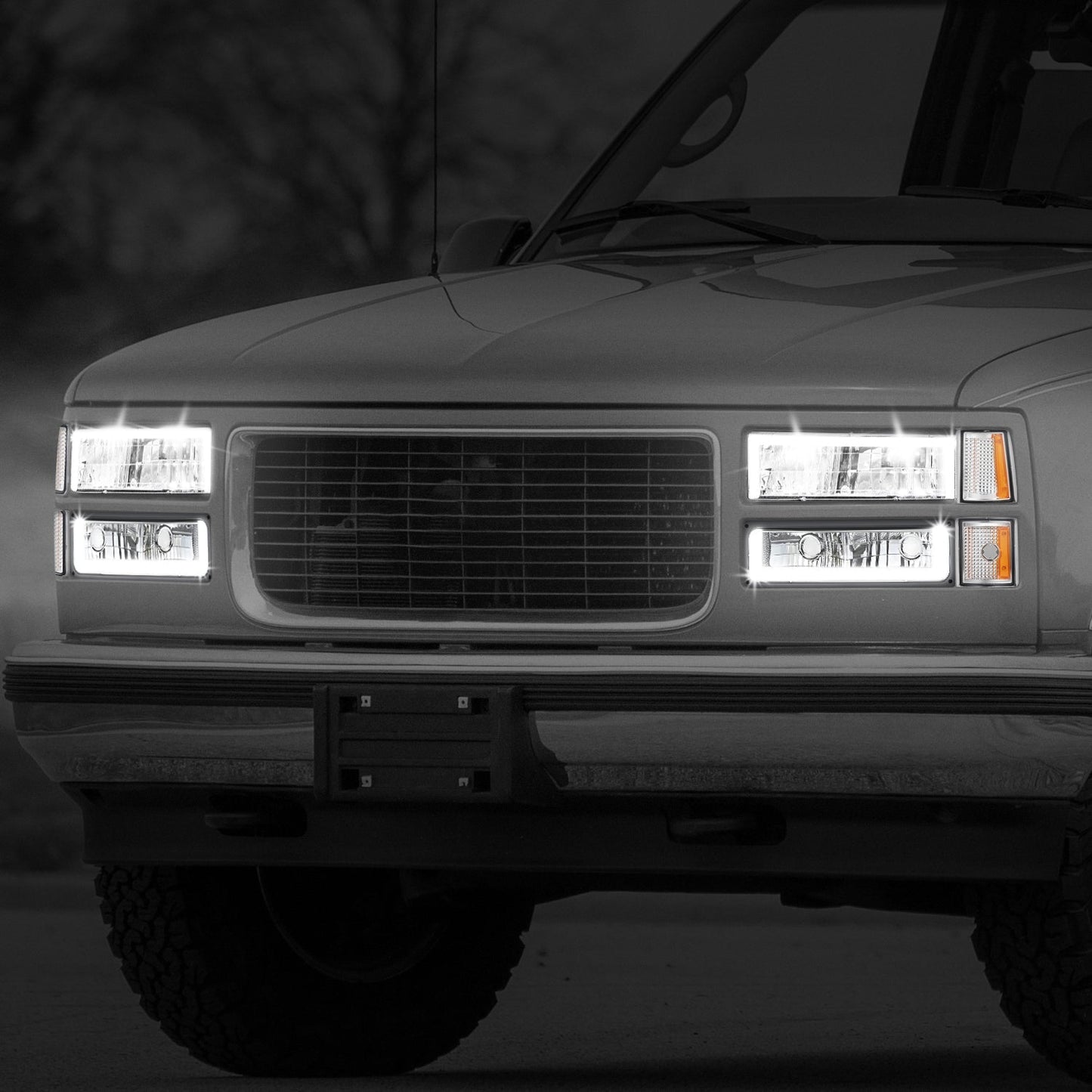 8pcs Square Box LED DRL Headlight Set (Chrome) <br>94-00 GMC C10 C/K Pickup, Suburban, Yukon