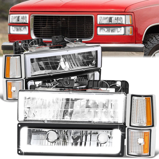 8pcs Square Box LED DRL Headlight Set (Chrome) <br>94-00 GMC C10 C/K Pickup, Suburban, Yukon