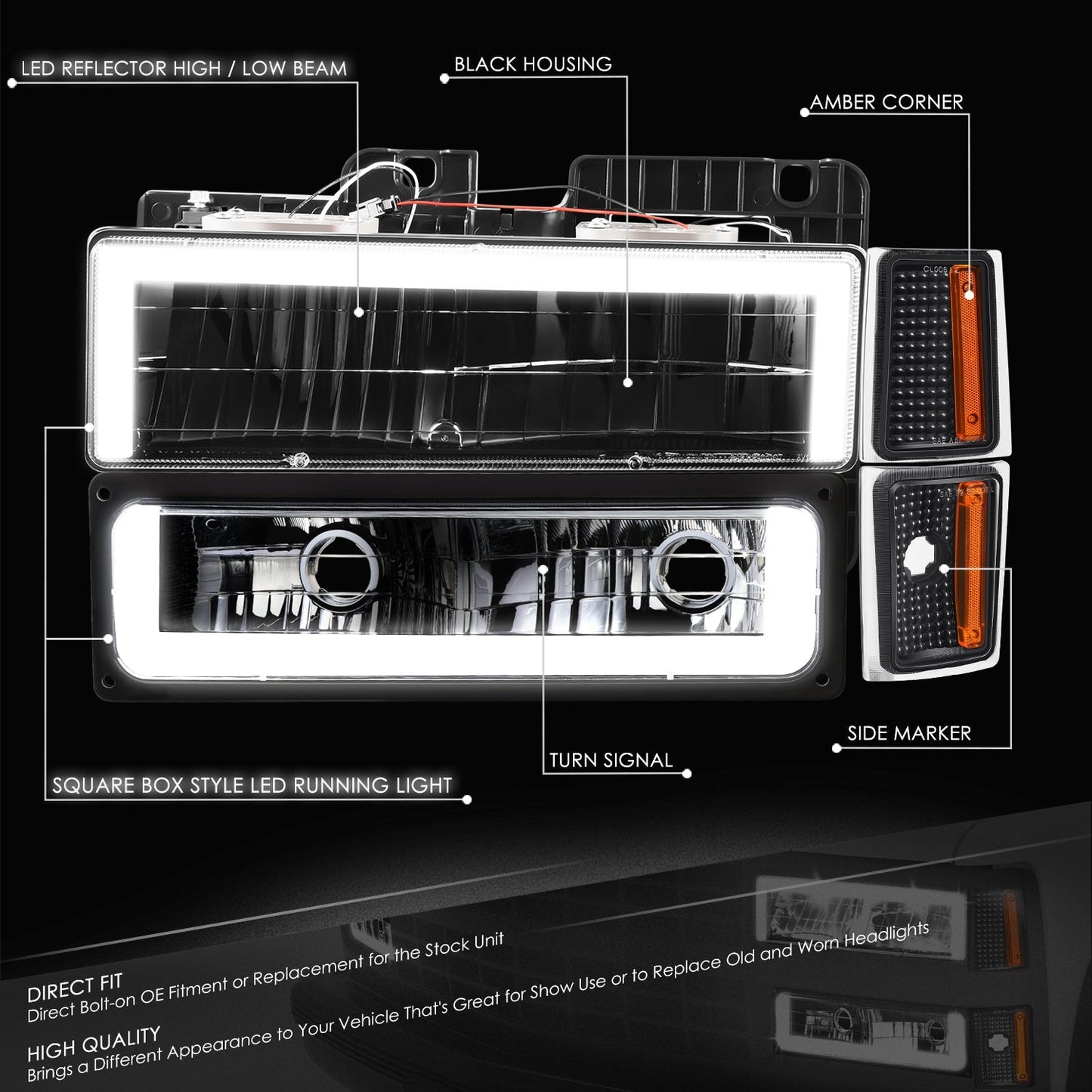 8pcs Square Box LED DRL Headlight Set (Black) <br>88-93 Chevy C10 C/K Pickup, Suburban, Tahoe