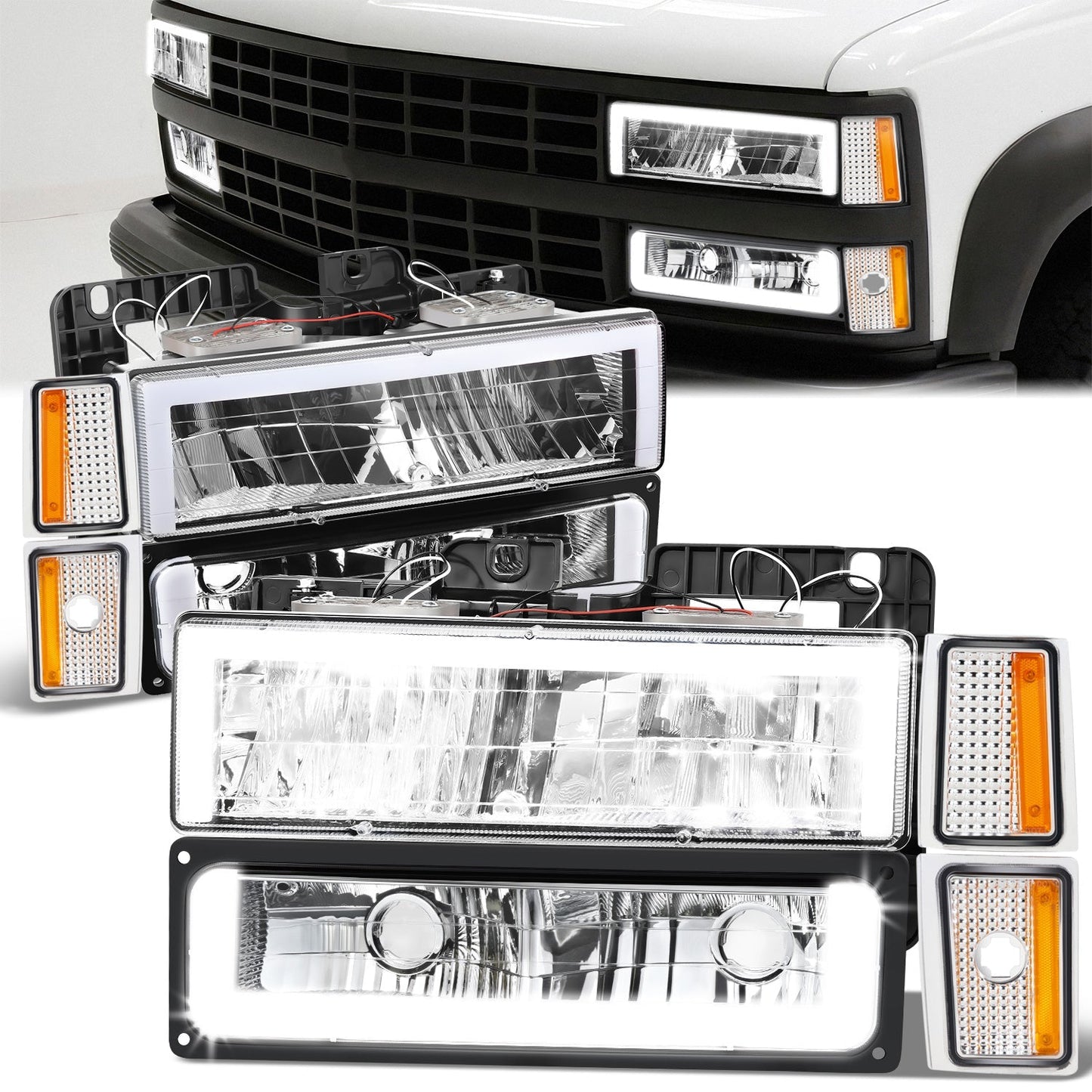 8pcs Square Box LED DRL Headlight Set (Chrome) <br>88-93 Chevy C10 C/K Pickup, Suburban, Tahoe