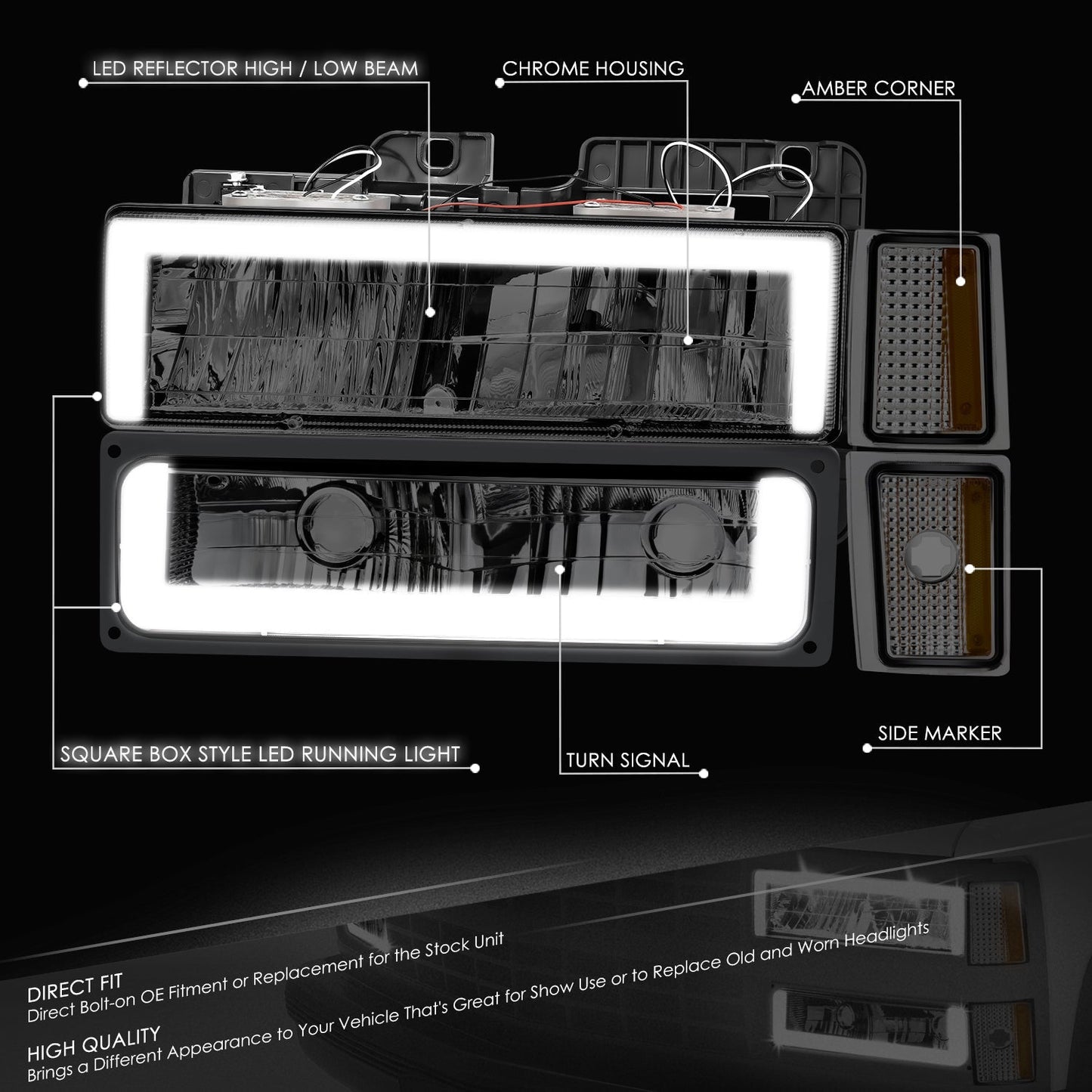 8pcs Square Box LED DRL Headlight Set (Smoked) <br>88-93 Chevy C10 C/K Pickup, Suburban, Tahoe