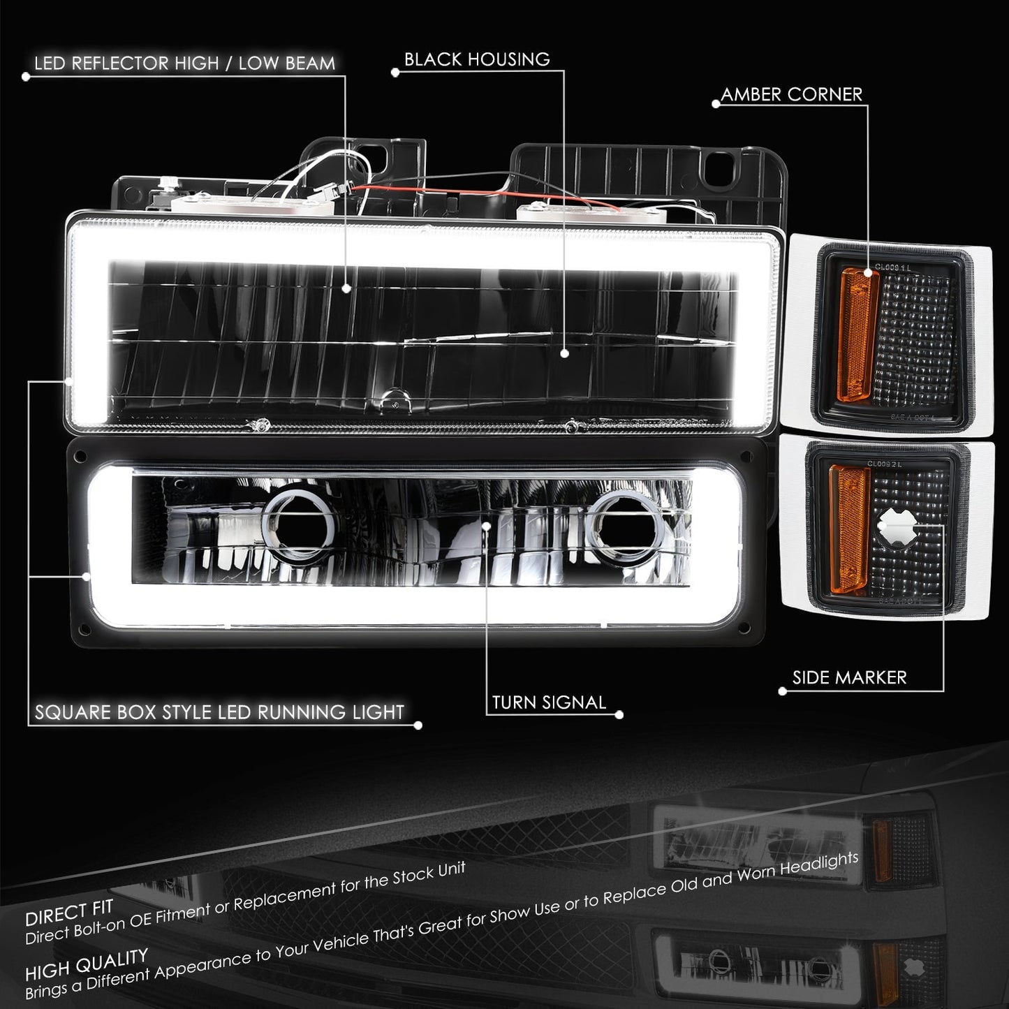 8pcs Square Box LED DRL Headlight Set (Black) <br>94-02 Chevy C10 C/K Pickup, Suburban, Tahoe