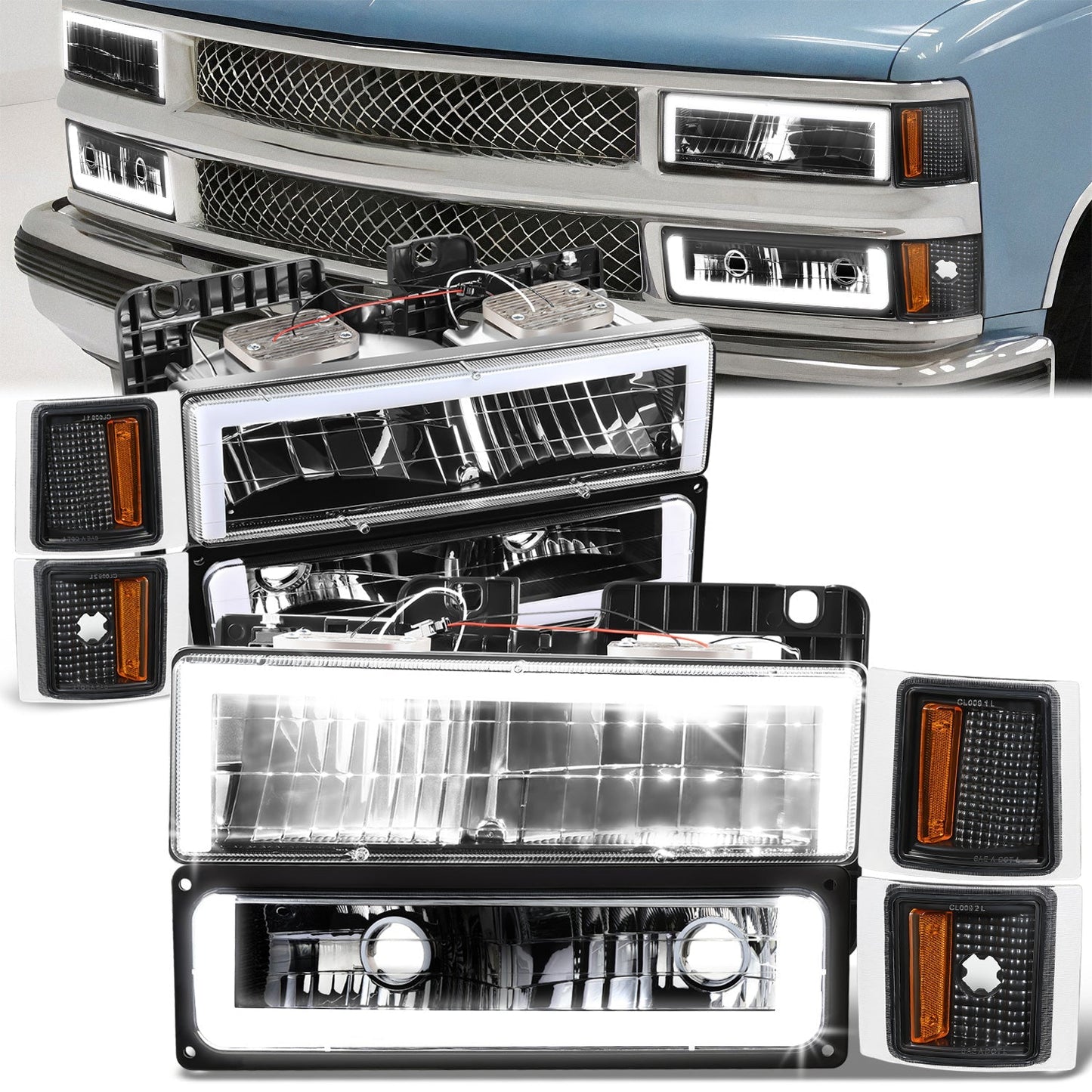 8pcs Square Box LED DRL Headlight Set (Black) <br>94-02 Chevy C10 C/K Pickup, Suburban, Tahoe