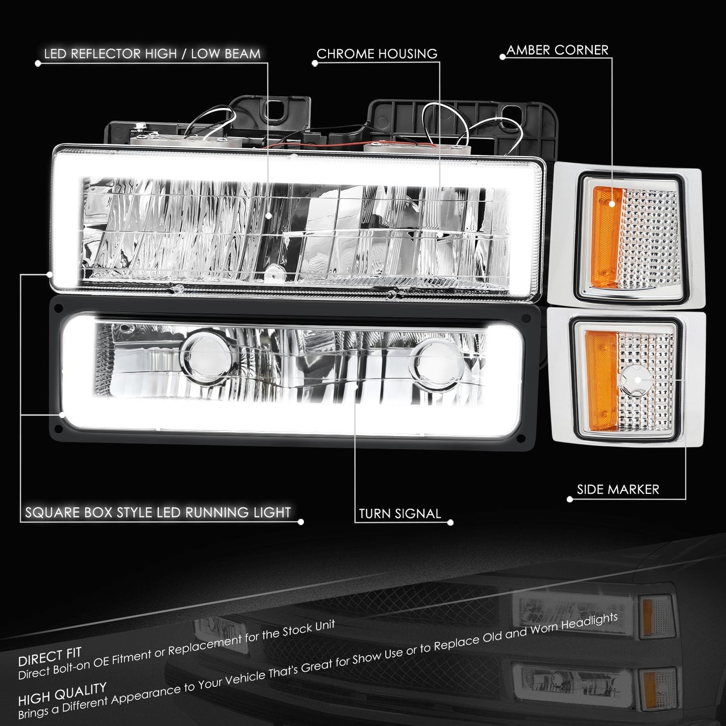 8pcs Square Box LED DRL Headlight Set (Chrome) <br>94-02 Chevy C10 C/K Pickup, Suburban, Tahoe