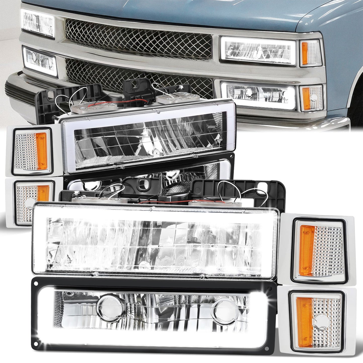 8pcs Square Box LED DRL Headlight Set (Chrome) <br>94-02 Chevy C10 C/K Pickup, Suburban, Tahoe