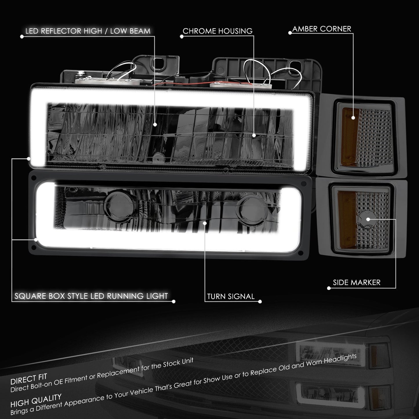 Square Box Style LED Headlights <br>94-00 Chevy C/K 1500-3500, 95-00 Tahoe