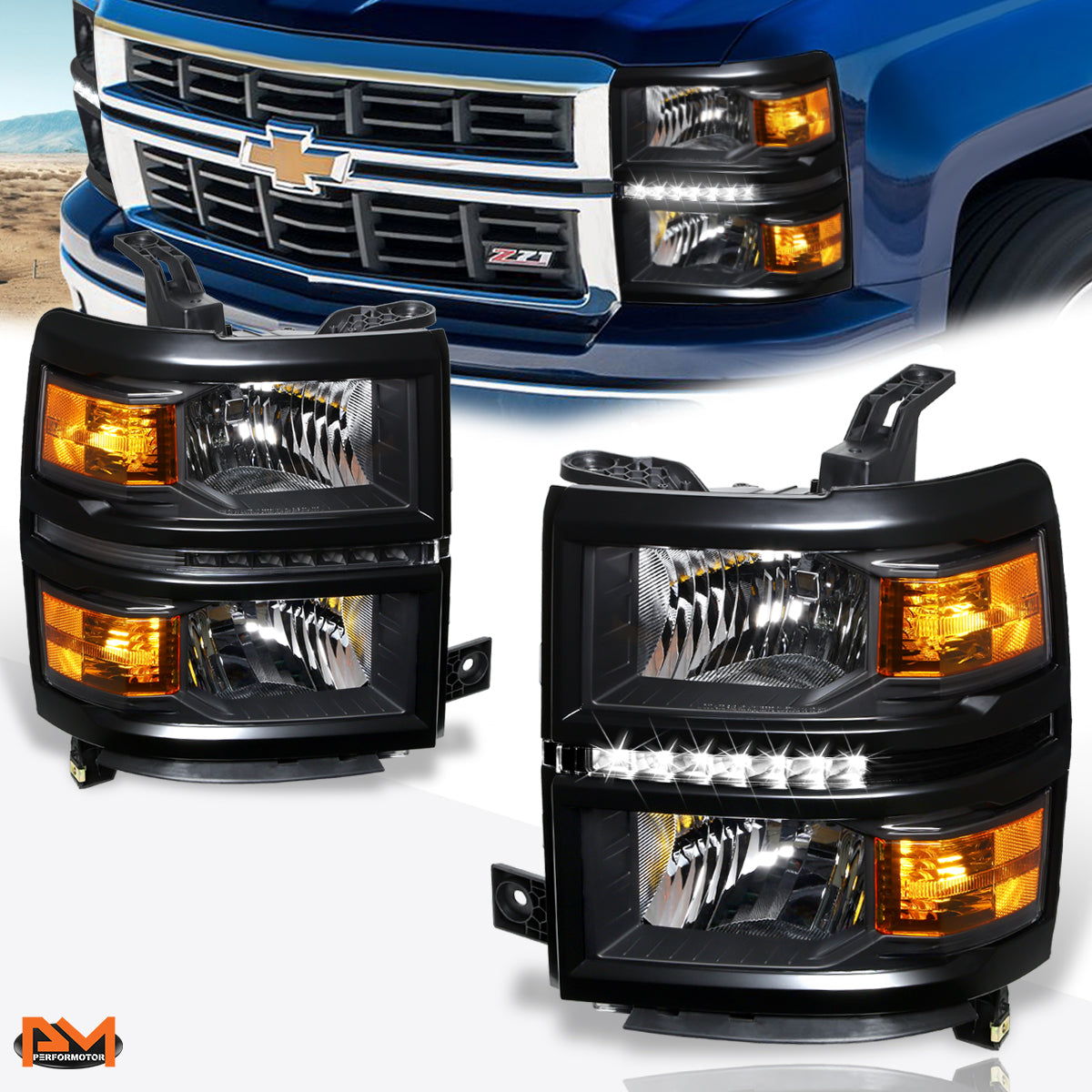 Black Housing LED DRL Headlights <br> 14-15 Chevy SIlverado 1500