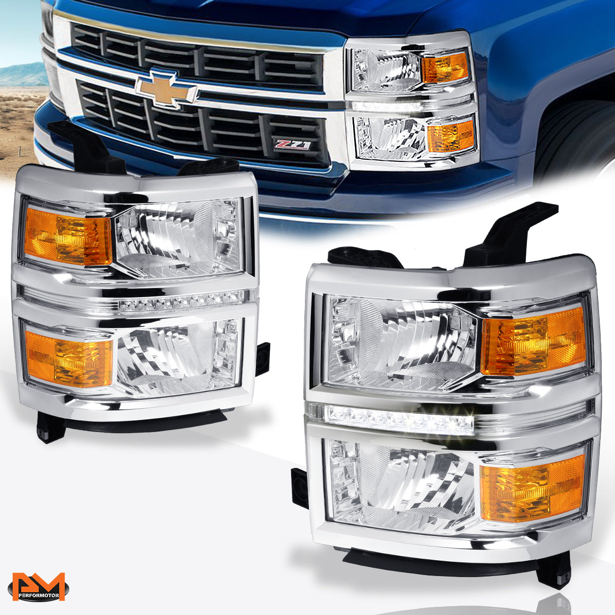 Chrome Housing LED DRL Headlights <br> 14-15 Chevy Silverad 1500