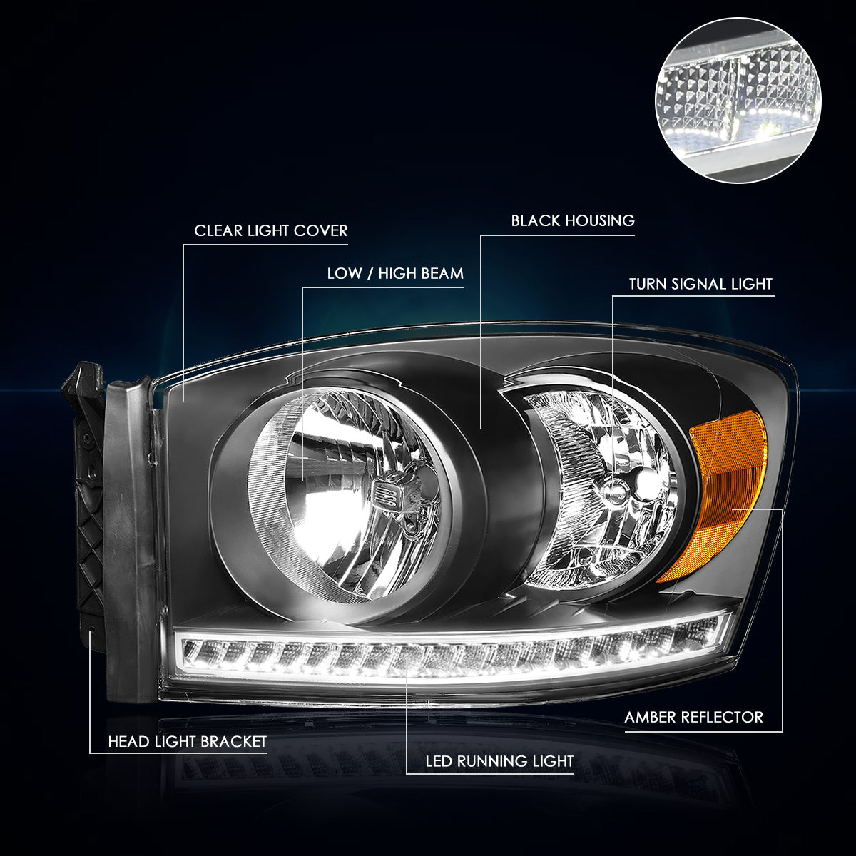 Black Housing LED DRL Headlights <br> 06-09 Dodge Ram 1500 2500 3500