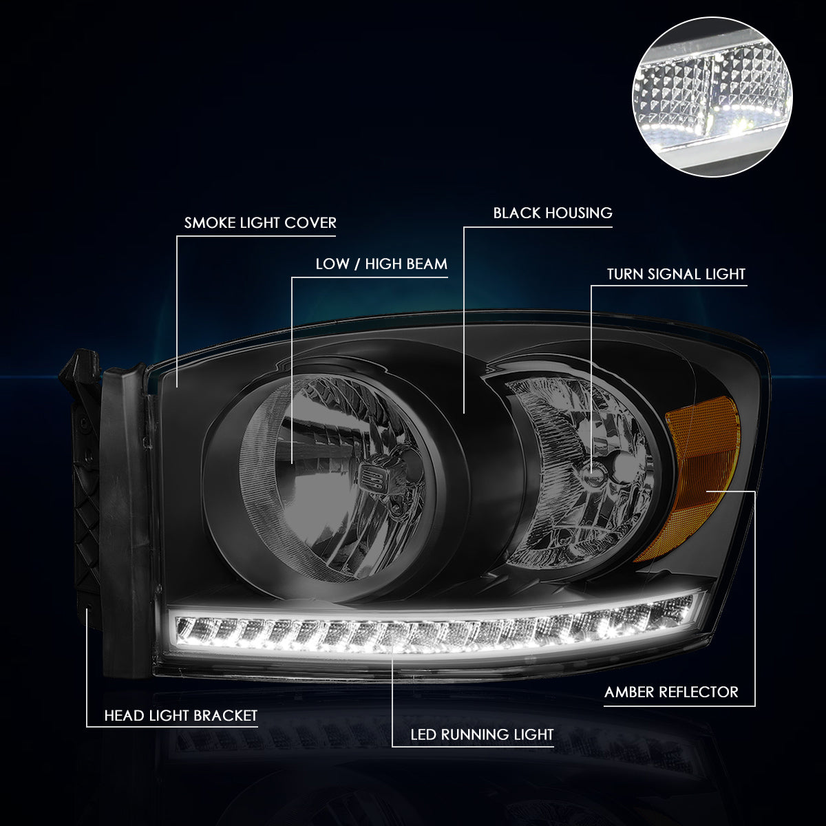 Black Housing LED DRL Headlights <br> 06-09 Dodge Ram 1500 2500 3500