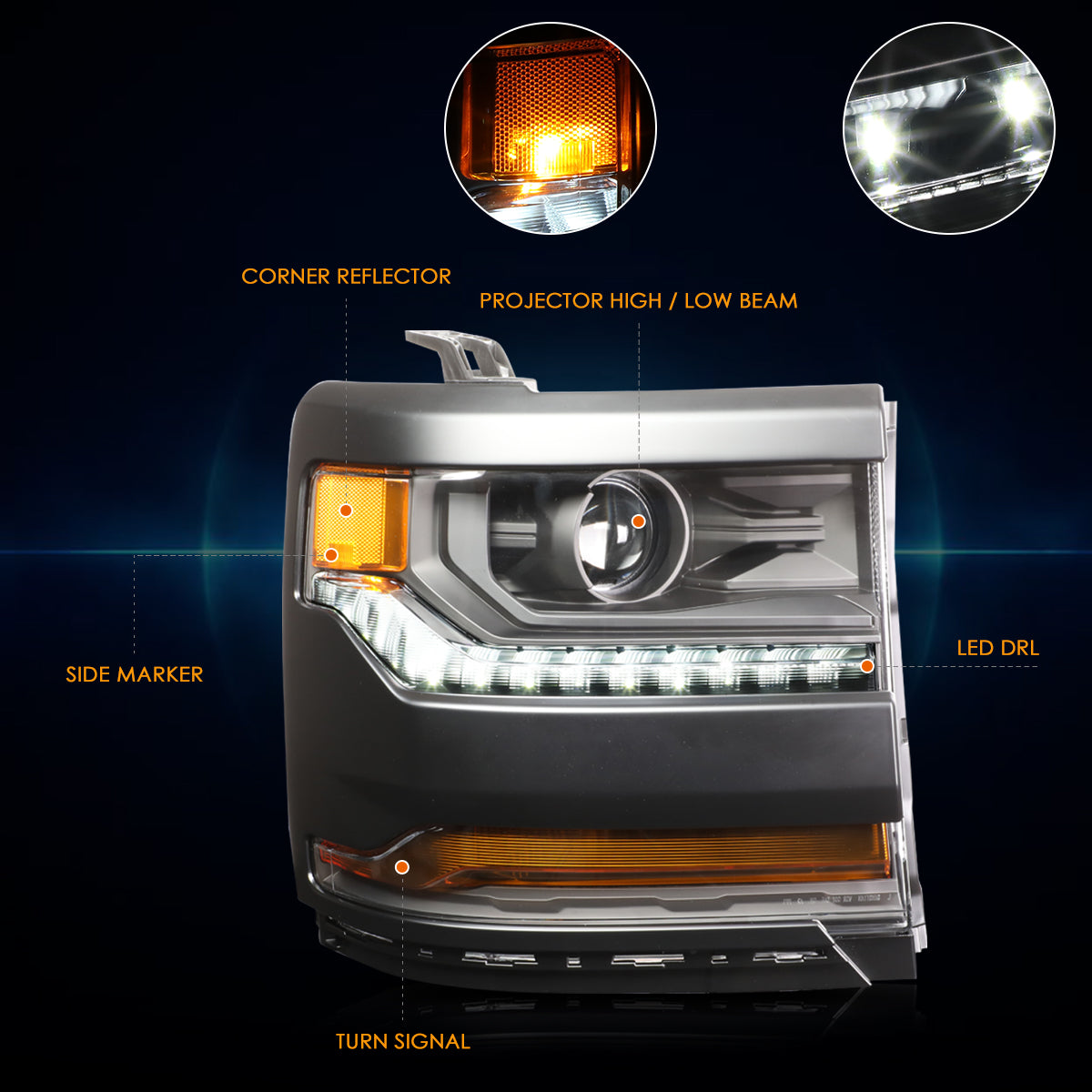 Black Housing LED DRL Projector Headlights <br> 16-18 Chevy Silverado 1500