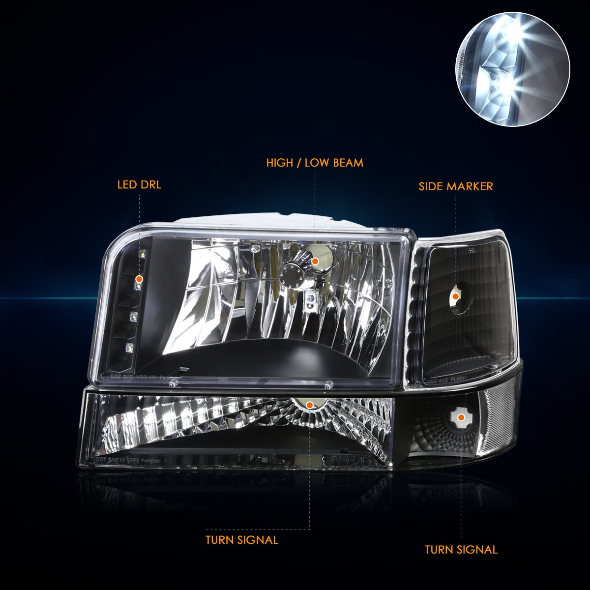 Black Housing LED DRL Headlights <br> 92-96 Ford F-150 F-250 F-350 Bronco