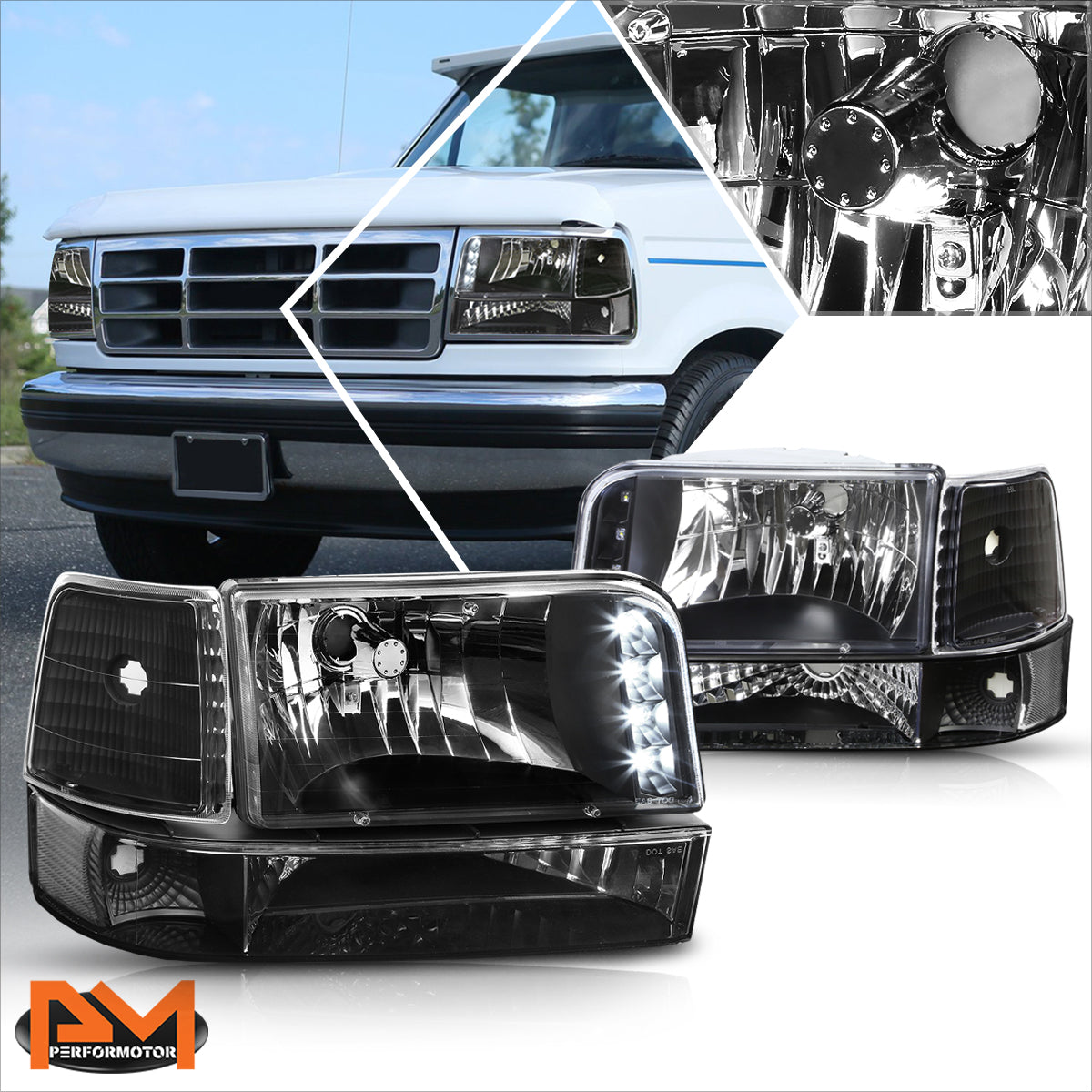 Black Housing LED DRL Headlights <br> 92-96 Ford F-150 F-250 F-350