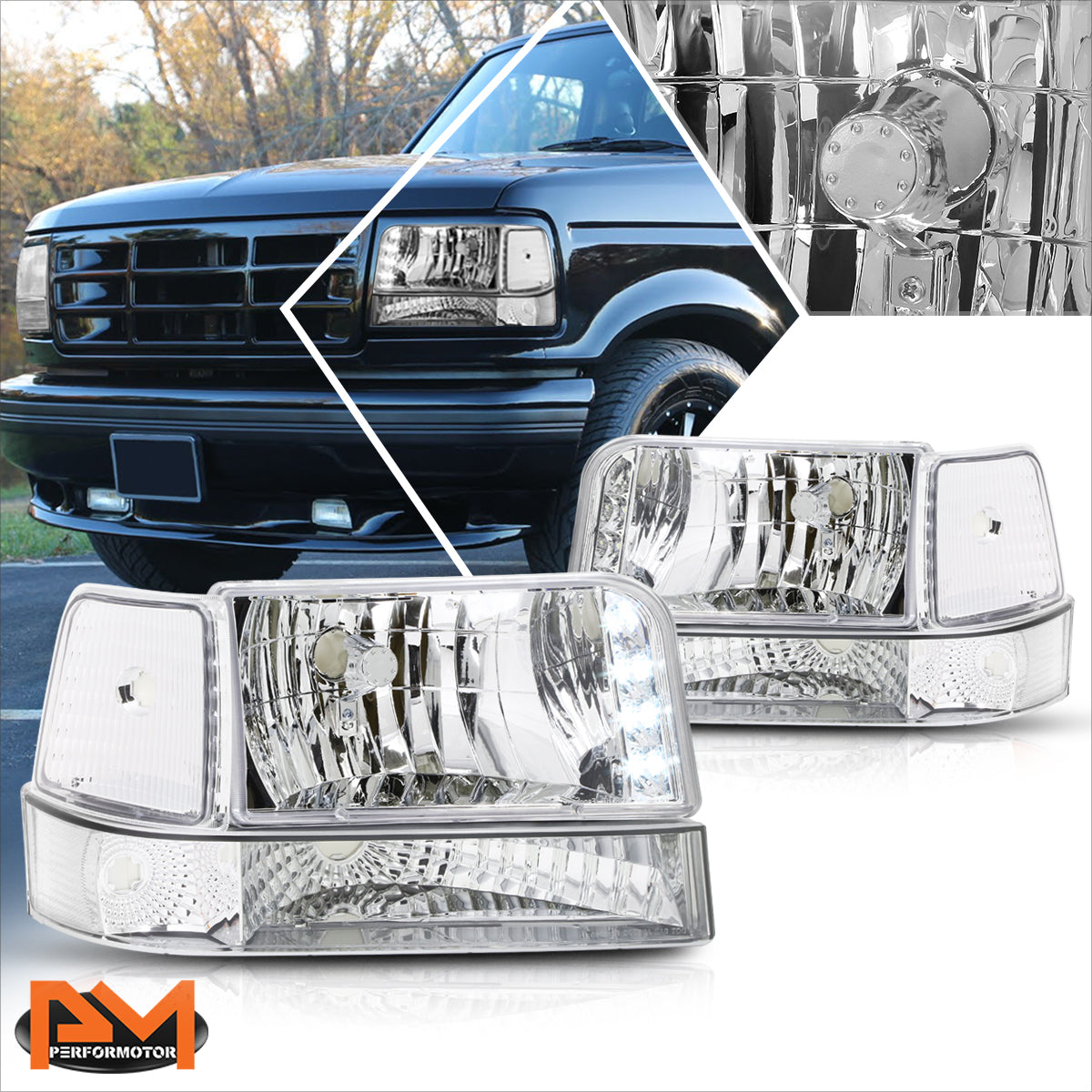 Chrome Housing LED DRL Headlights <br> 92-96 Ford F-150 F-250 F-350