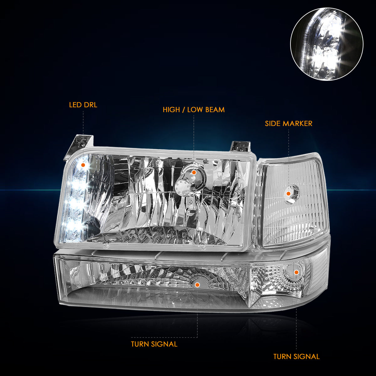 Chrome Housing LED DRL Headlights <br> 92-96 Ford F-150 F-250 F-350