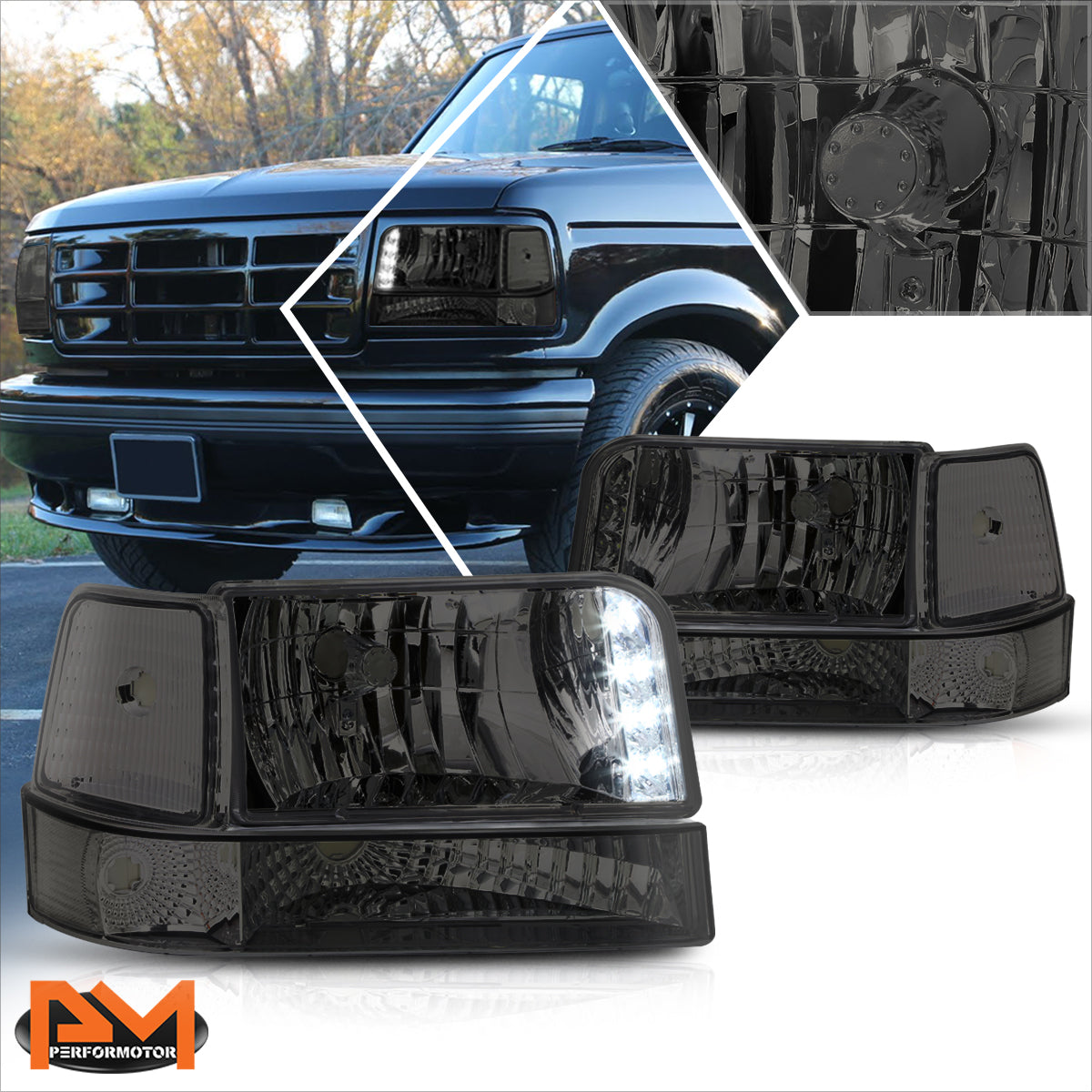 Chrome Housing LED DRL Headlights <br> 92-96 Ford F-150 F-250 F-350