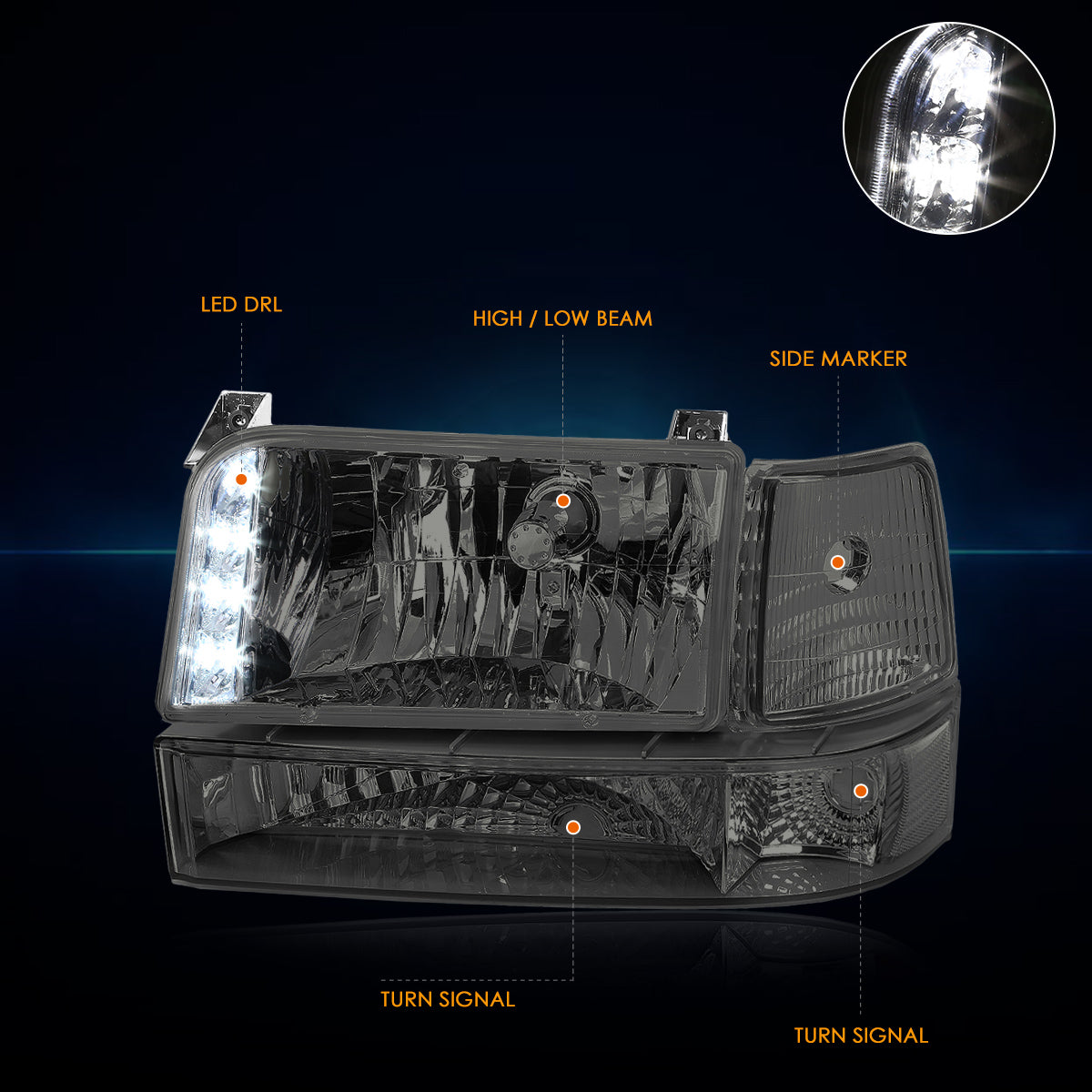 Chrome Housing LED DRL Headlights <br> 92-96 Ford F-150 F-250 F-350