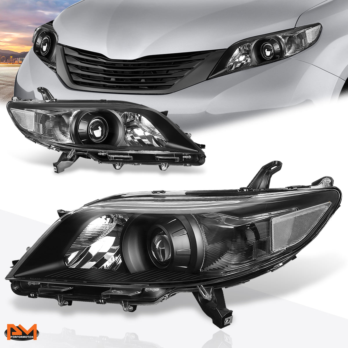 Black Housing OE Style Projector Headlights <br> 11-17 Toyota Sienna