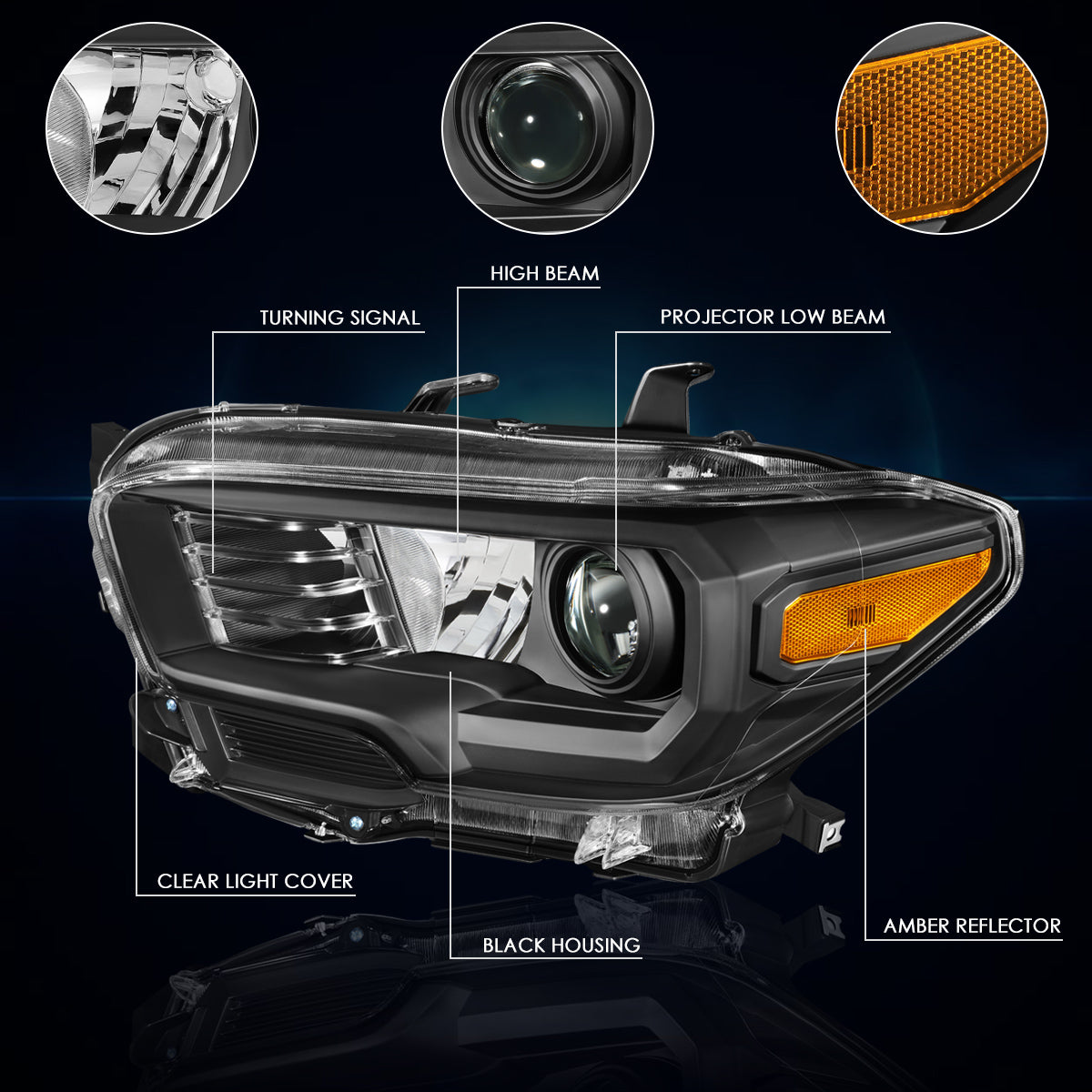 Black Housing OE Style Projector Headlights <br> 16-20 Toyota Tacoma