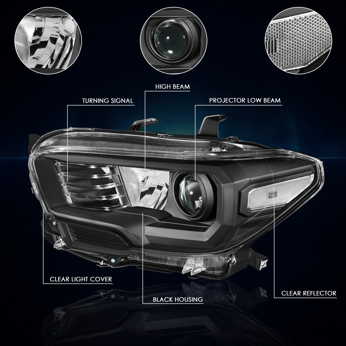 Black Housing OE Style Projector Headlights <br> 16-20 Toyota Tacoma