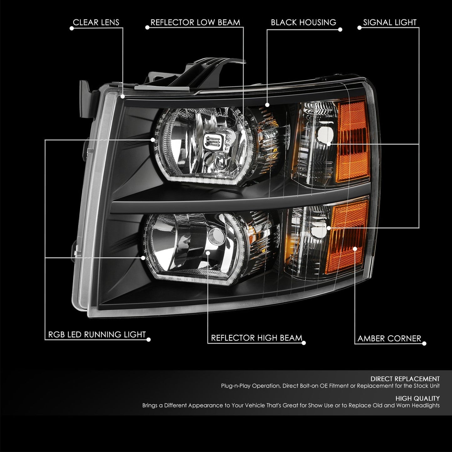 RGB LED DRL Sequential Projector Headlights <br> 07-13 Chevy Silverado 1500, 07-14 2500 3500 HD