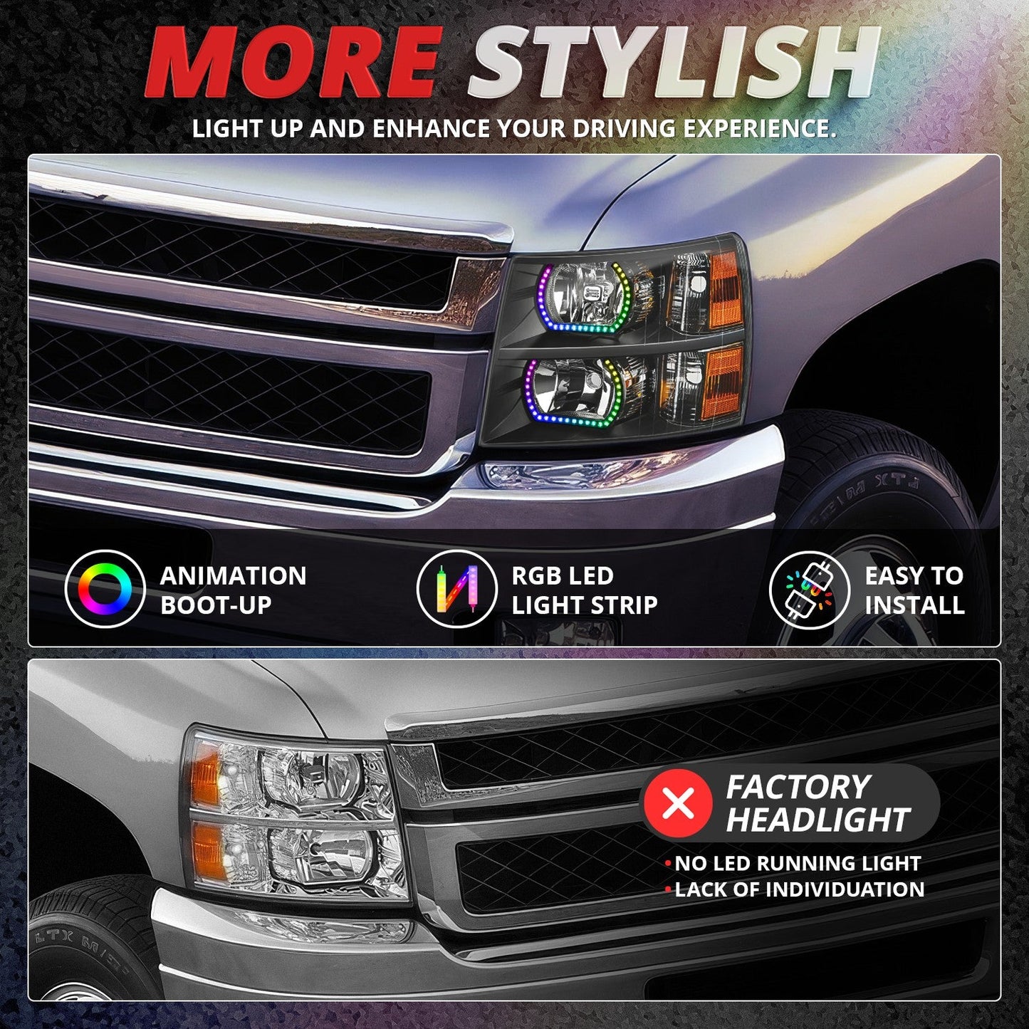 RGB LED DRL Sequential Projector Headlights <br> 07-13 Chevy Silverado 1500, 07-14 2500 3500 HD