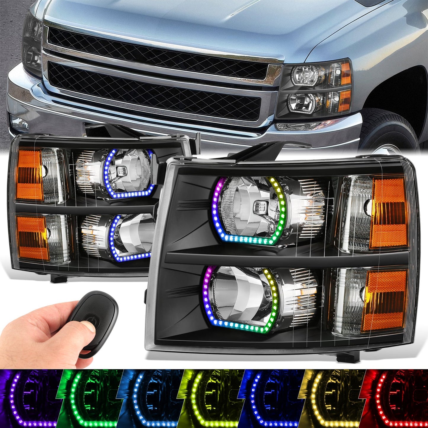 RGB LED DRL Sequential Projector Headlights <br> 07-13 Chevy Silverado 1500, 07-14 2500 3500 HD