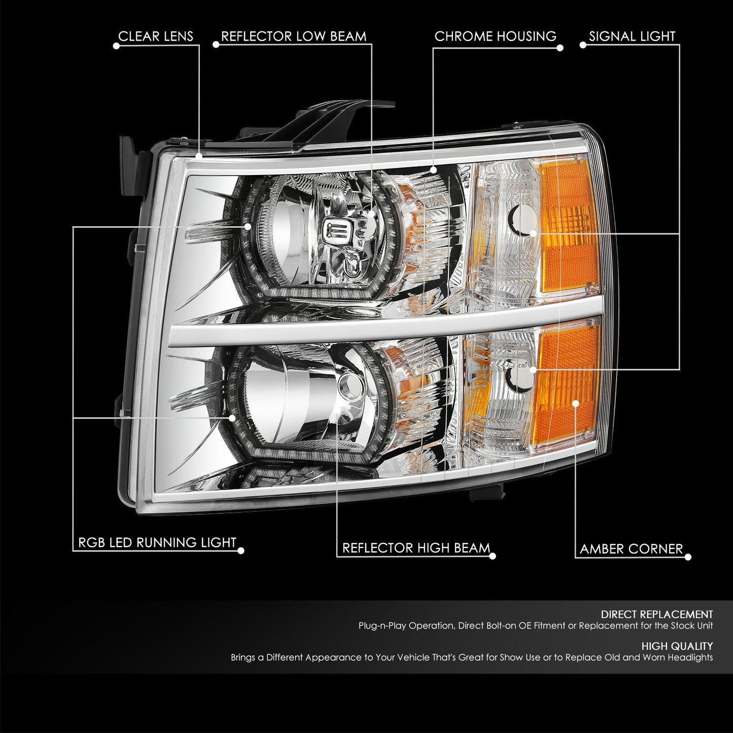 RGB LED DRL Sequential Projector Headlights <br> 07-13 Chevy Silverado 1500, 07-14 2500 3500 HD