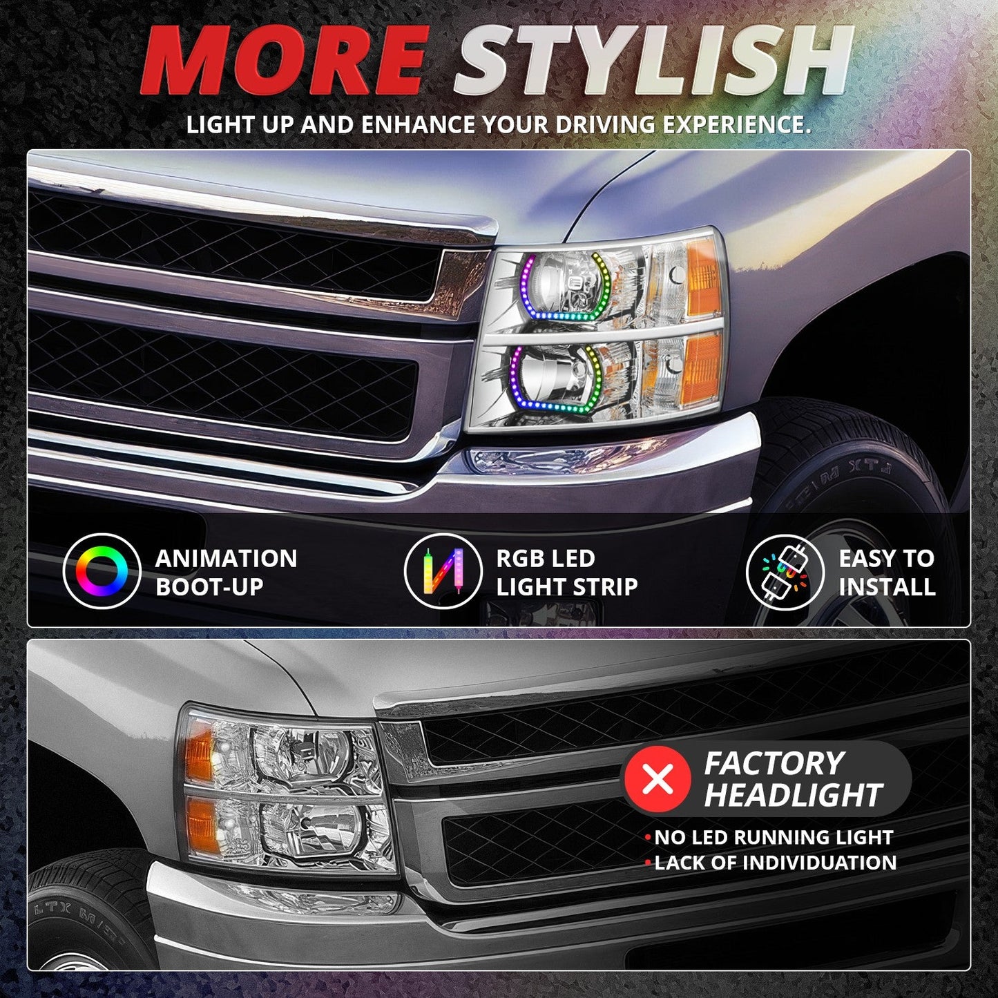 RGB LED DRL Sequential Projector Headlights <br> 07-13 Chevy Silverado 1500, 07-14 2500 3500 HD