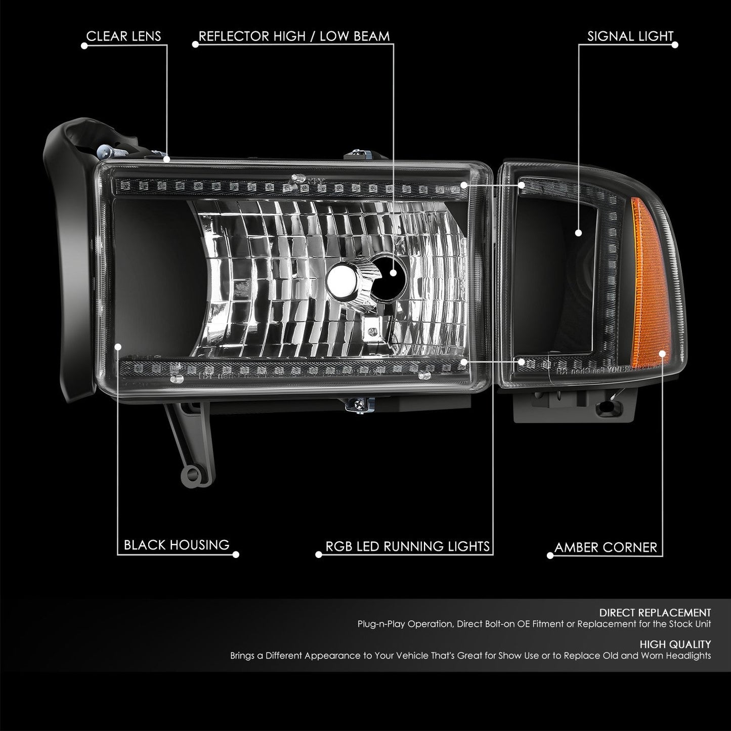 RGB LED DRL Sequential Projector Headlights <br> 94-01 Dodge Ram 1500, 94-02 2500 3500