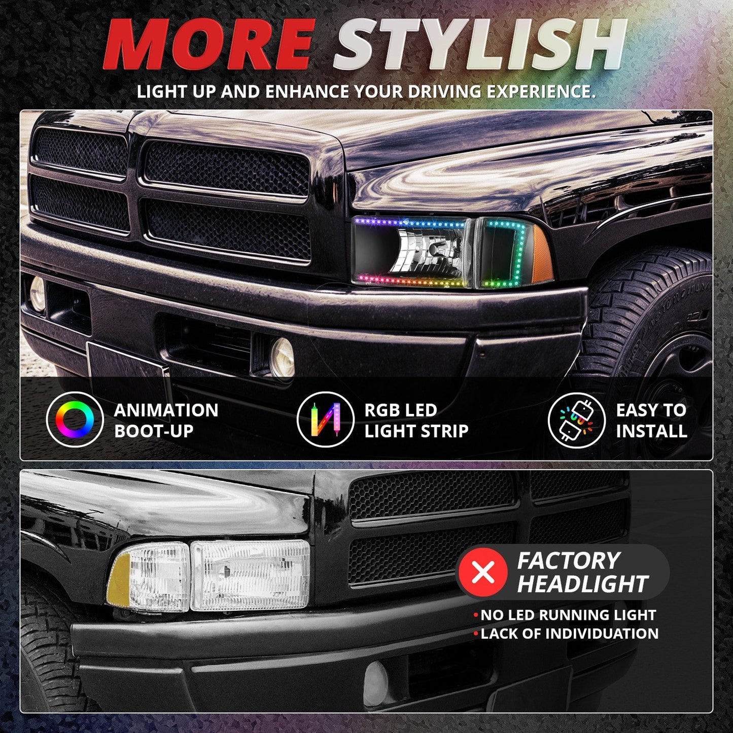 RGB LED DRL Sequential Projector Headlights <br> 94-01 Dodge Ram 1500, 94-02 2500 3500